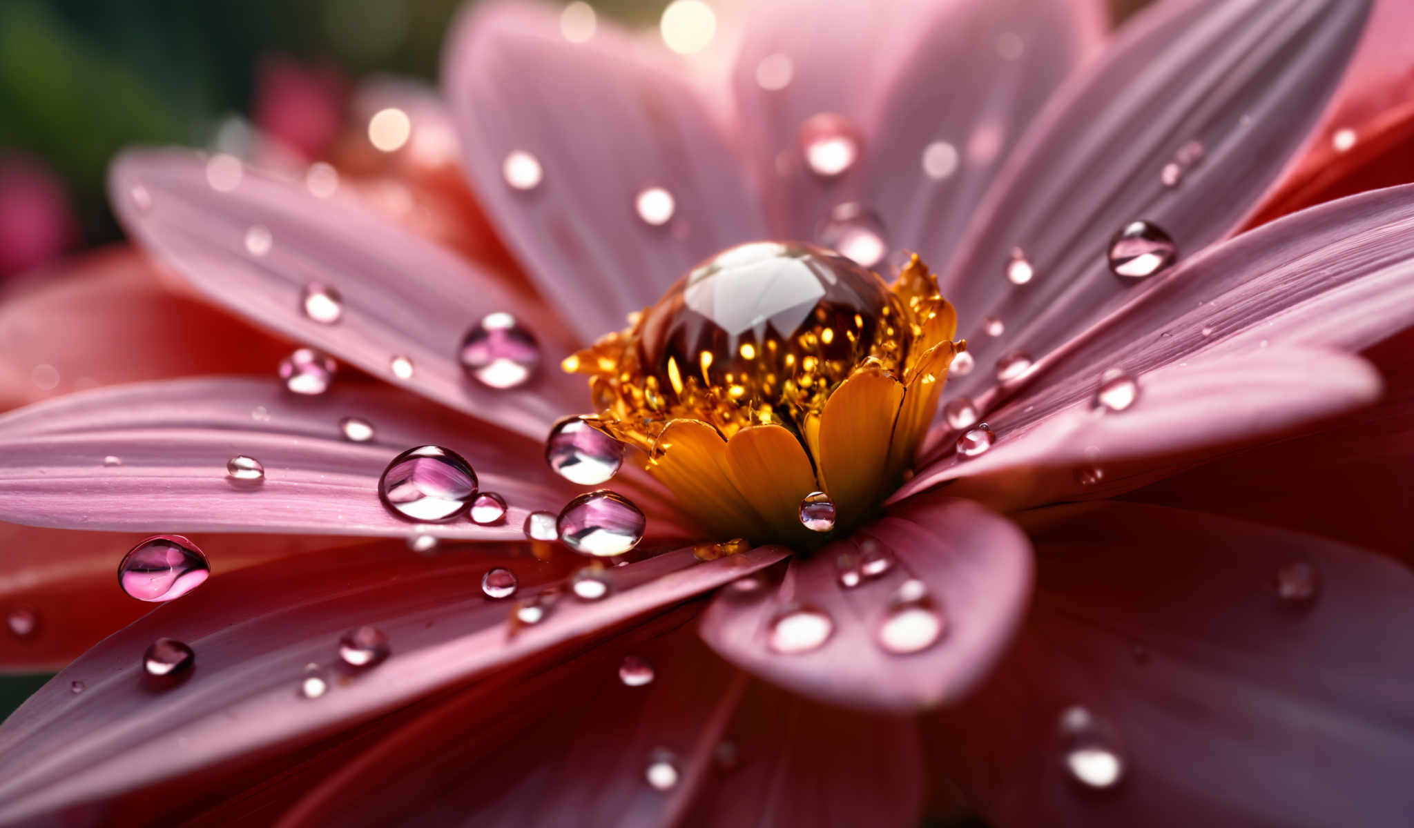 A close up of a flower with a large shiny clear gem in the center. The flower is surrounded by numerous small clear water droplets. The petals of the flower are a vibrant pink color. The gem in center of the bloom is a deep rich purple. The droplets on the petals are scattered throughout the image creating a beautiful natural effect. The overall image is a stunning display of nature's beauty.