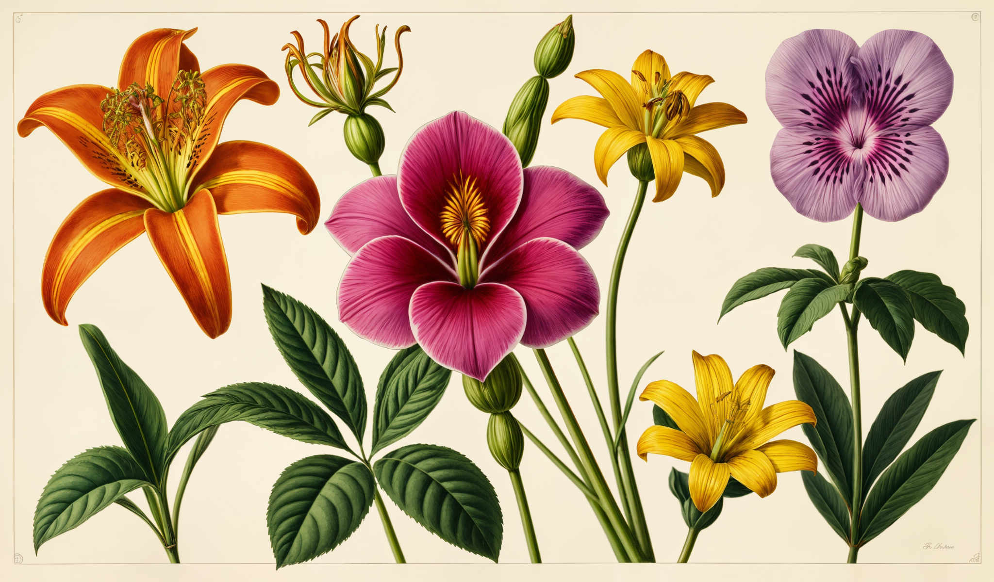 The image presents a vibrant array of flowers each exhibiting a unique color and shape. Dominating the center is a large pink flower its petals unfurling in a delicate bloom. To its left a smaller orange flower stands out with its bright hue. On the right a yellow flower adds a warm contrast to the scene. 

Scattered throughout the image are smaller flowers in shades of purple and orange their colors adding depth and variety to the composition. Each flower is intricately detailed with green leaves and stems providing a natural backdrop. The flowers are arranged in a loose natural style creating a sense of organic growth and spontaneity. 

Despite the variety the flowers are unified by their shared color palette and the commonality of their floral forms. The image does not contain any discernible text or human figures. The relative positions of the flowers and their leaves create a dynamic interplay of shapes and colors making the image a captivating representation of floral diversity.