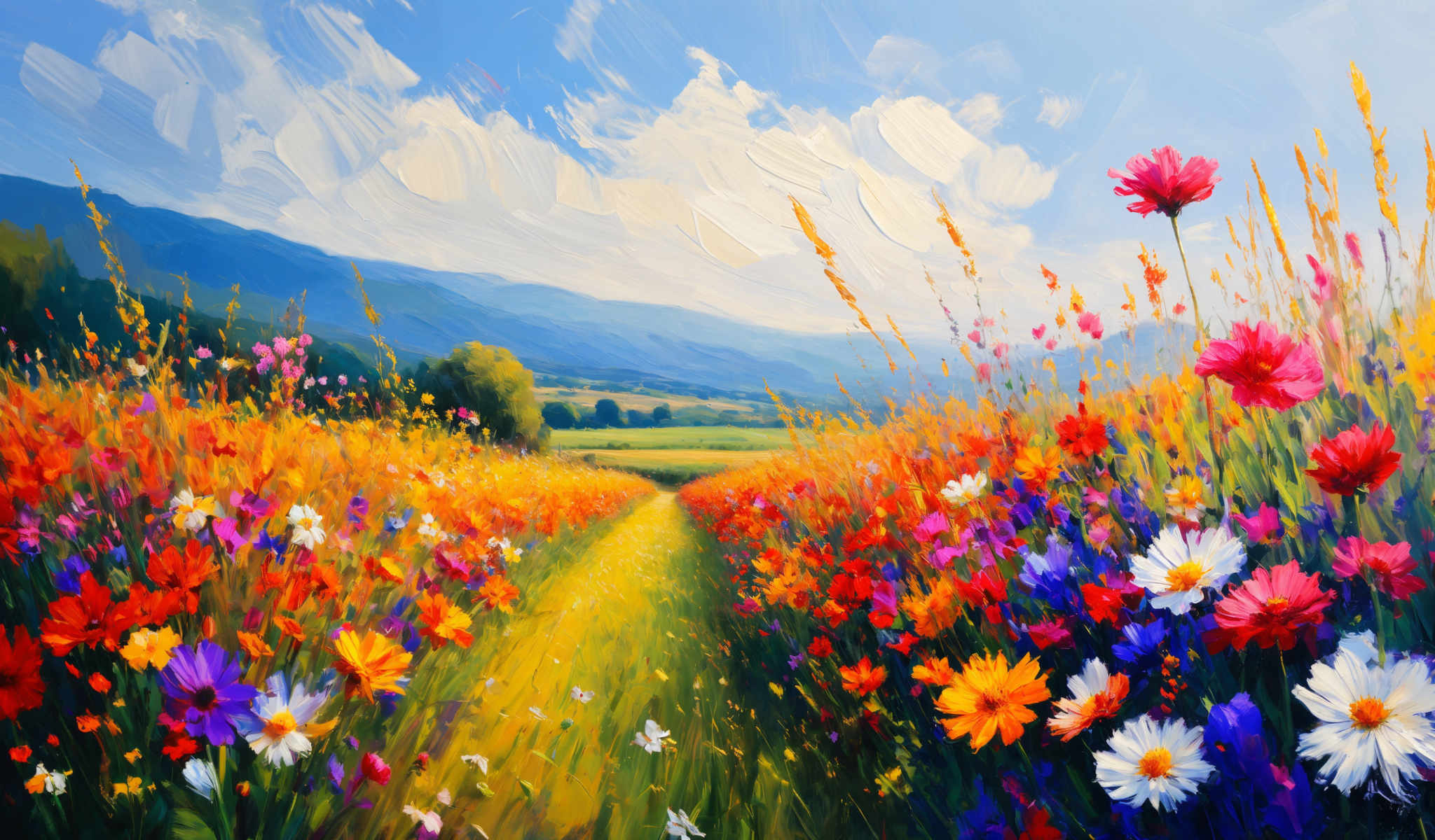 A vibrant field of flowers in full bloom with a winding path leading through the center. The flowers are a riot of colors including red yellow orange and purple. The path is lined with tall grasses and wildflowers adding to the natural beauty of the scene. In the distance a mountain range can be seen providing a stunning backdrop to the colorful field. The sky above is a clear blue with fluffy white clouds scattered across it. The image is a beautiful representation of nature's bounty and the tranquility it can offer.