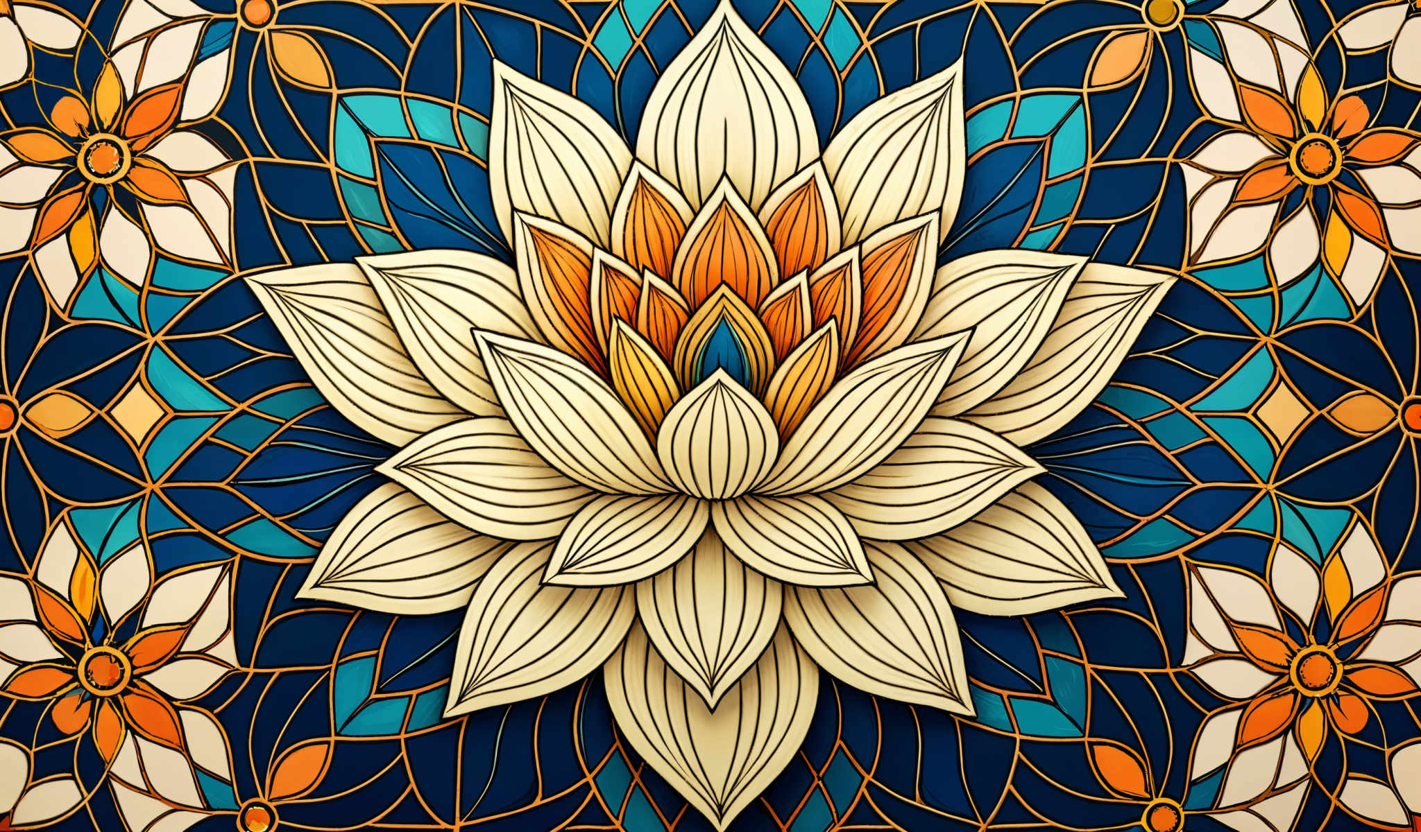 A beautiful symmetrical flower with six petals each in a different color. The center of the flower is a vibrant blue.