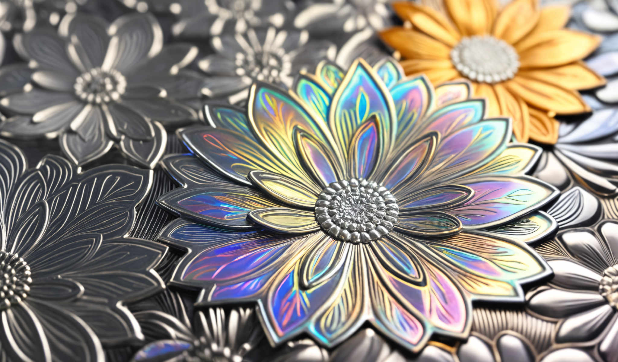 A close up of a flower design on a metal surface. The flower is composed of multiple petals each exhibiting a different color and pattern. The center of the flower is adorned with a silver bead design. The petals are arranged in a circular pattern creating a harmonious and symmetrical appearance. The colors of the petals range from blue and purple to yellow and orange adding a vibrant touch to the overall design. Despite the complexity of the design there is a sense of order and precision in the way the petals are placed. The silver bead center adds a touch of elegance and sophistication to the design. Overall the image showcases a beautiful and intricate metal flower design.