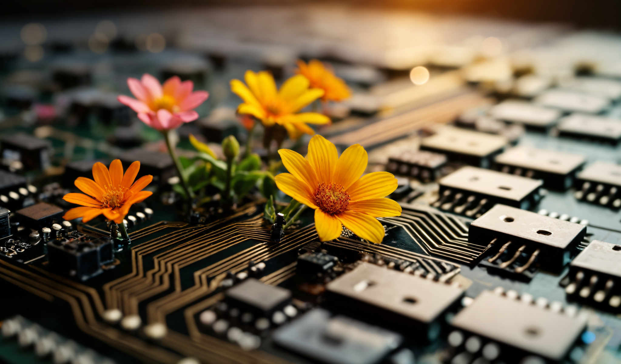 A close up of a circuit board with a yellow flower and pink flowers on top.