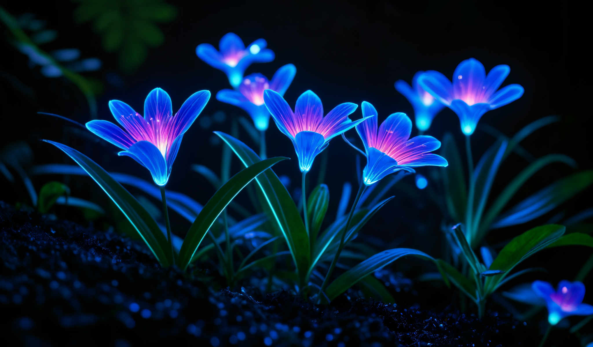 A group of blue and pink flowers with green leaves.