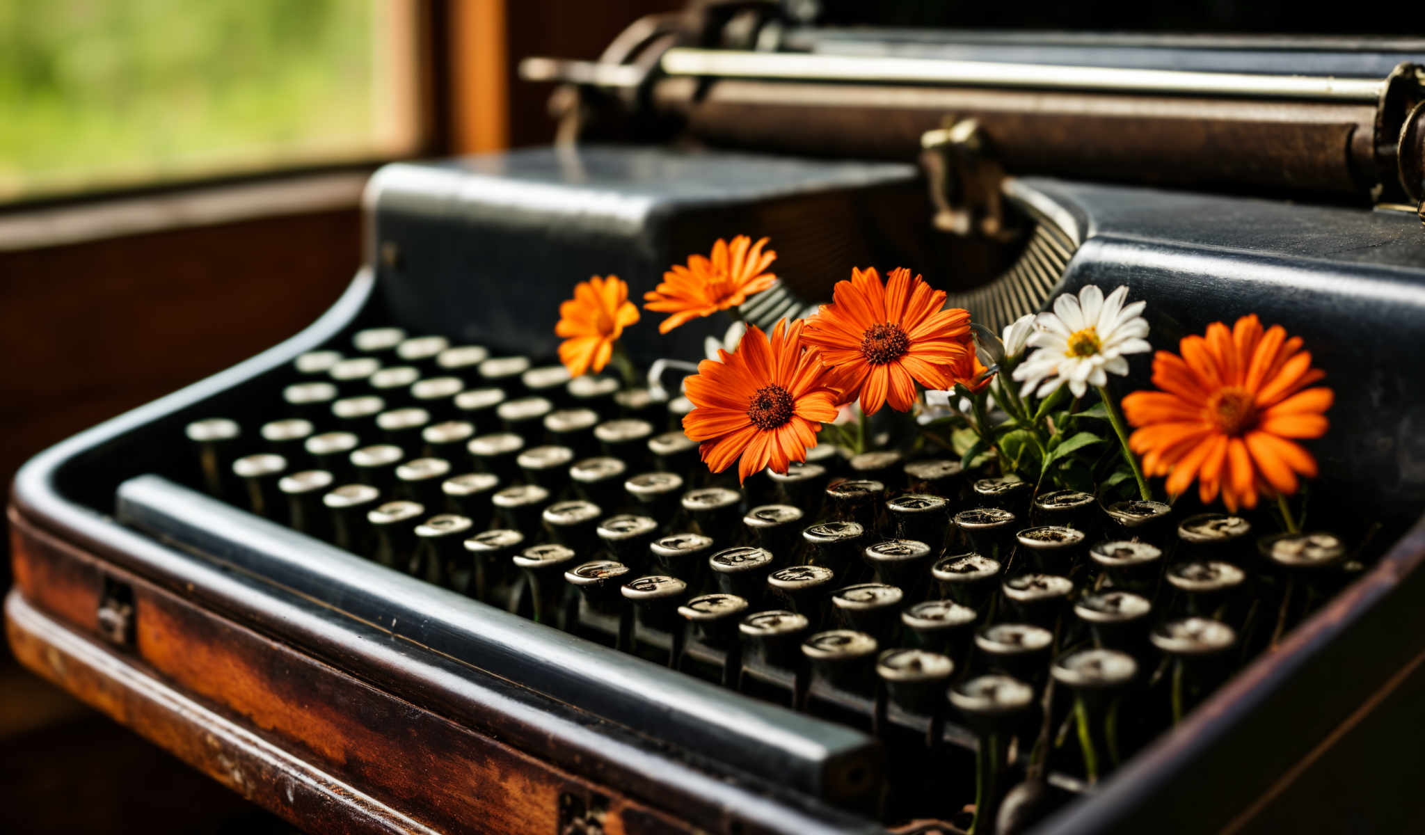 A typewriter with three orange flowers on top.