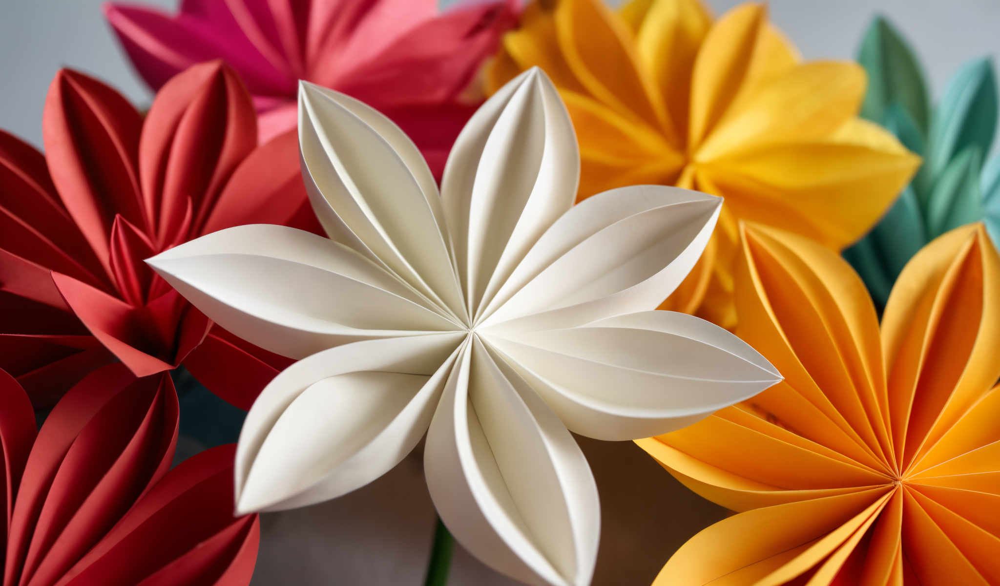 A white origami flower with 12 petals is surrounded by other origami flowers in various colors.