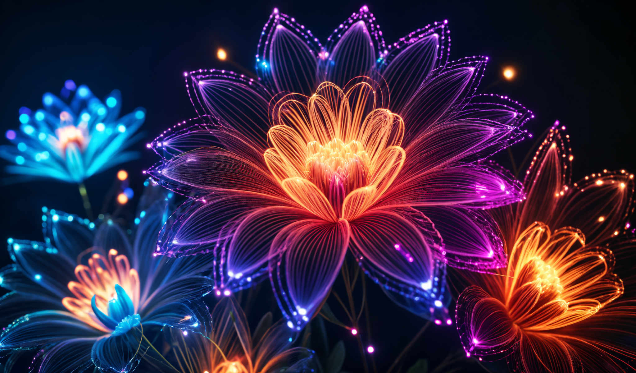 A digital illustration of a flower with a radiant glow of purple and orange lights. The flower is the central focus of the composition surrounded by a scattering of blue and purple lights.