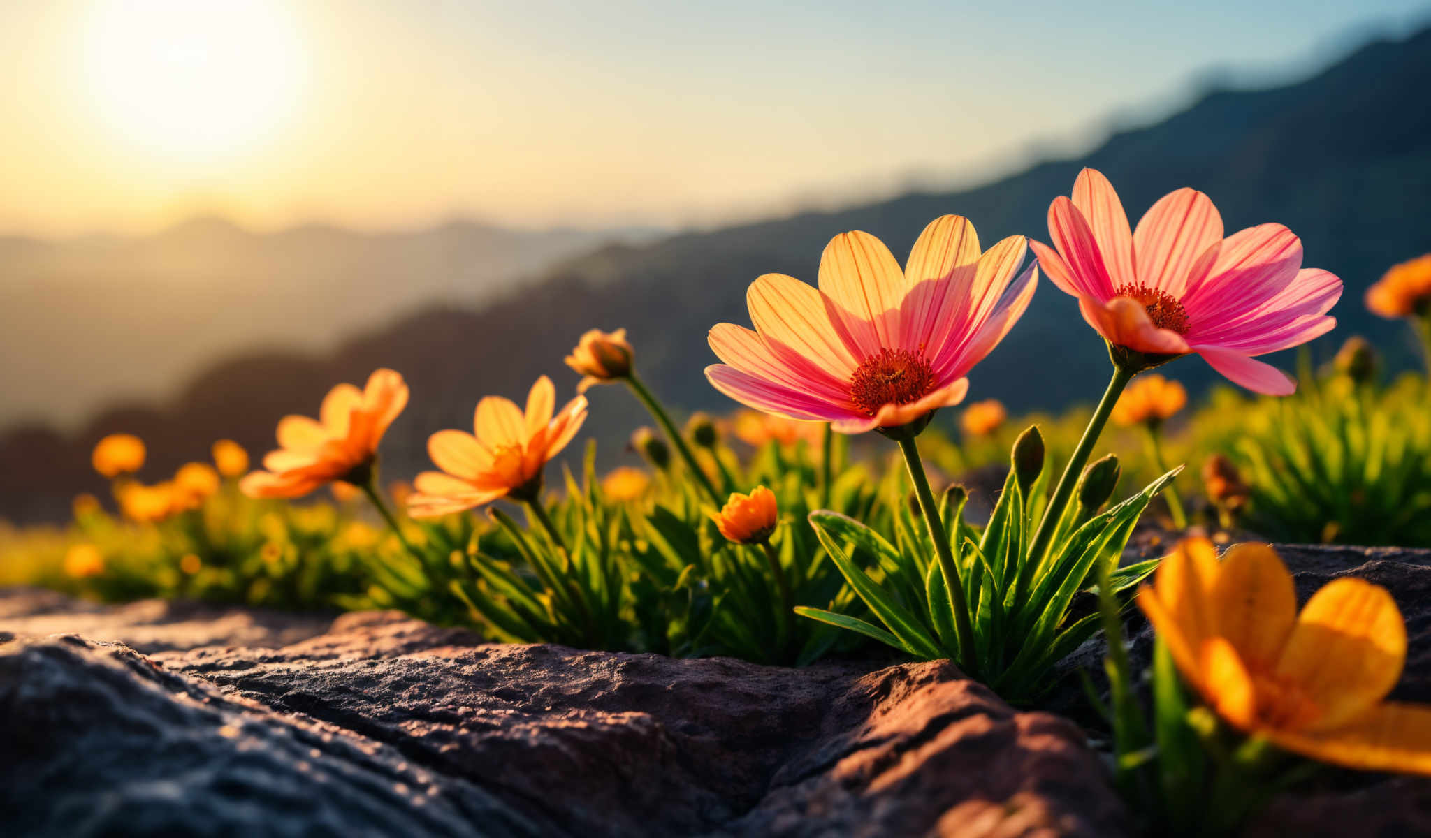 A group of flowers with yellow petals and pink centers.