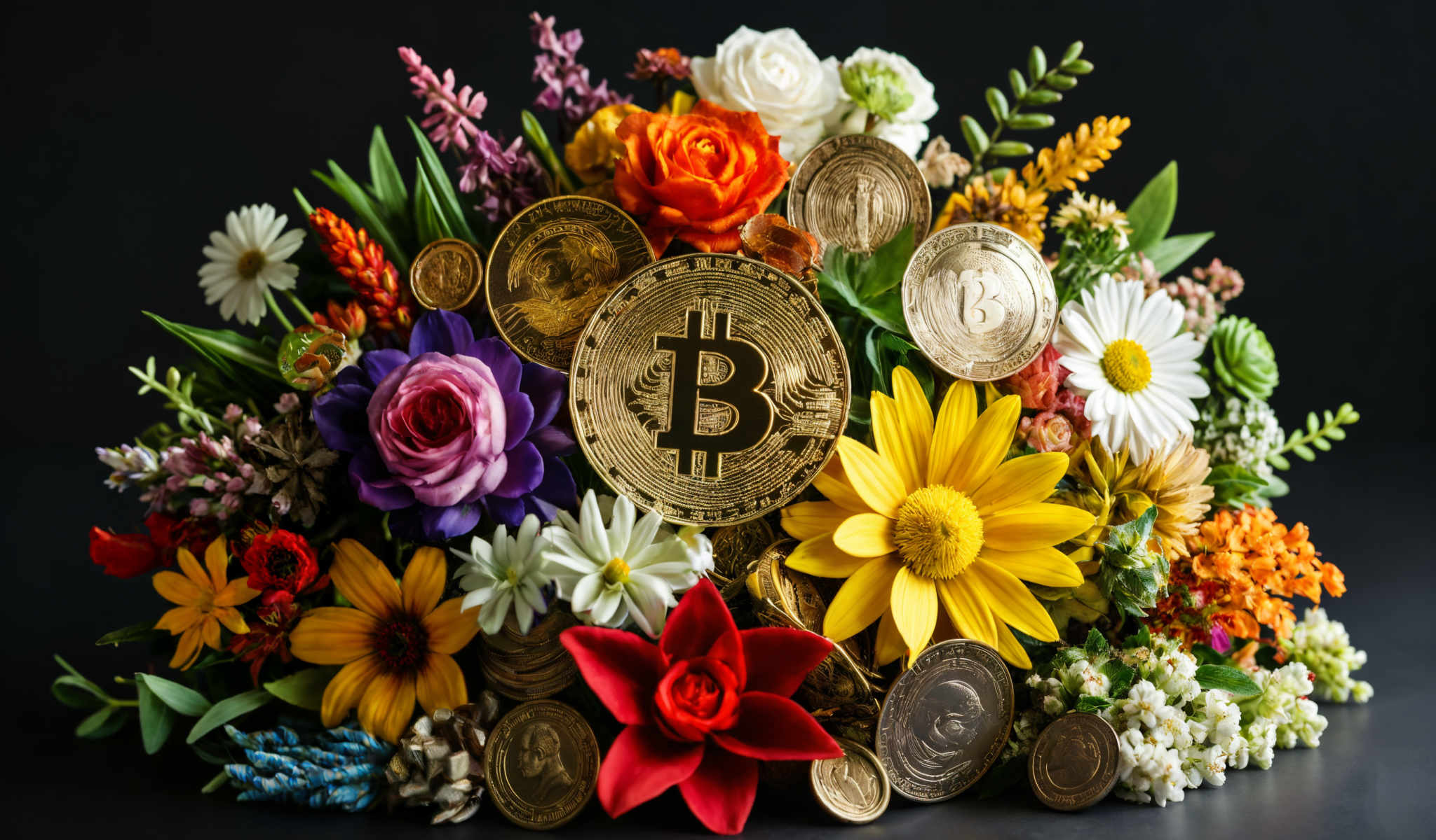 A collection of coins flowers and plants including a gold Bitcoin coin.