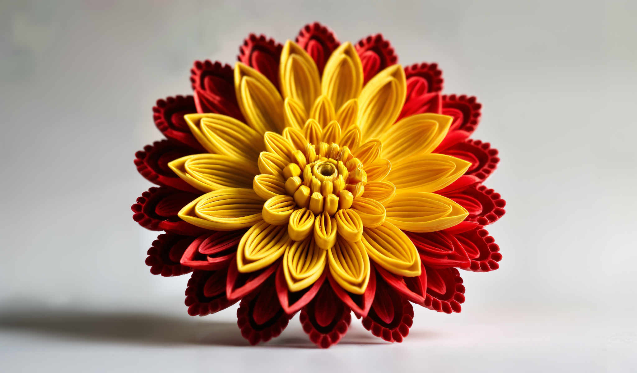 A vibrant yellow flower with red petals and a red center.