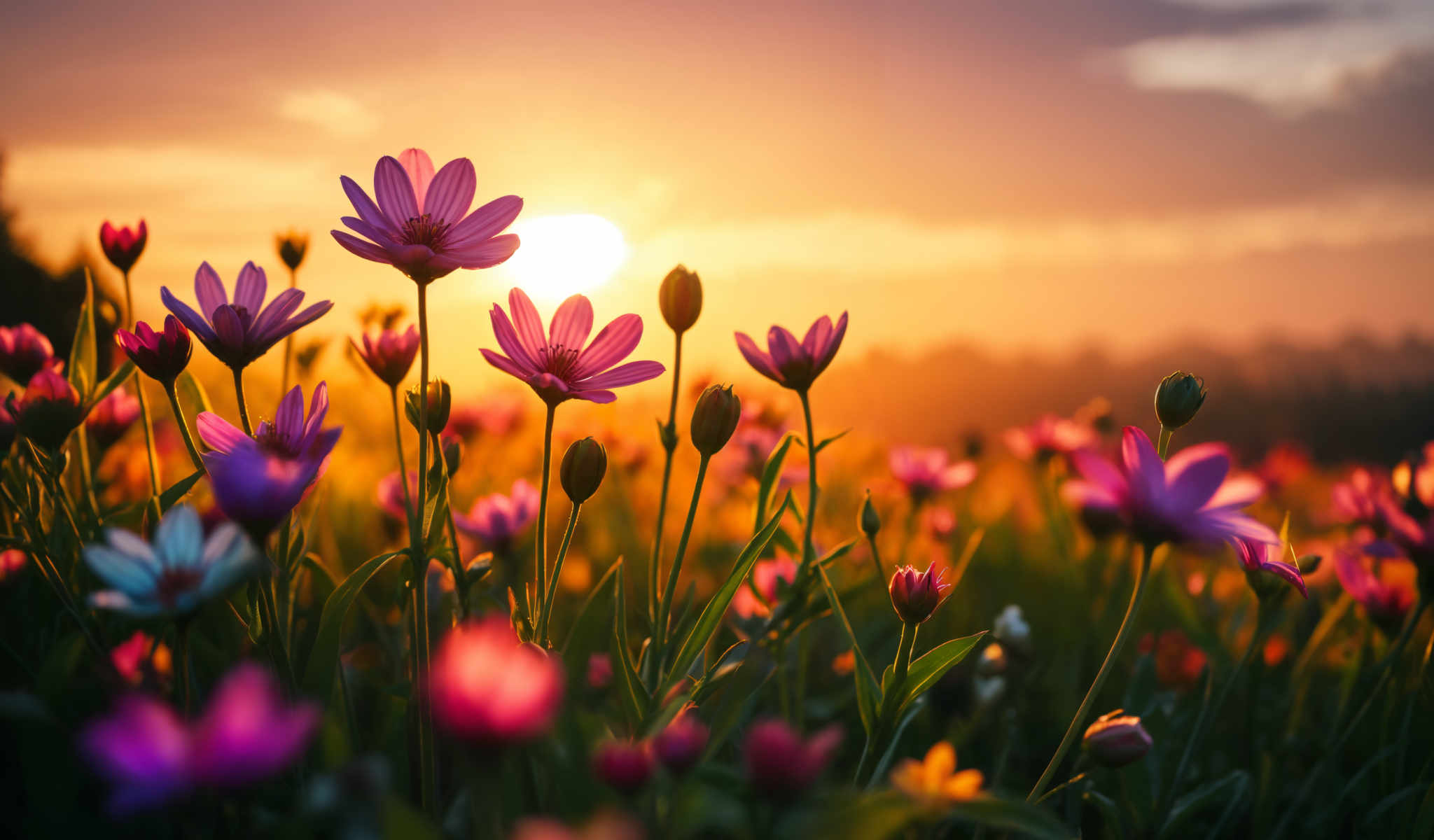 A field of pink and purple flowers with a sunset in the background.