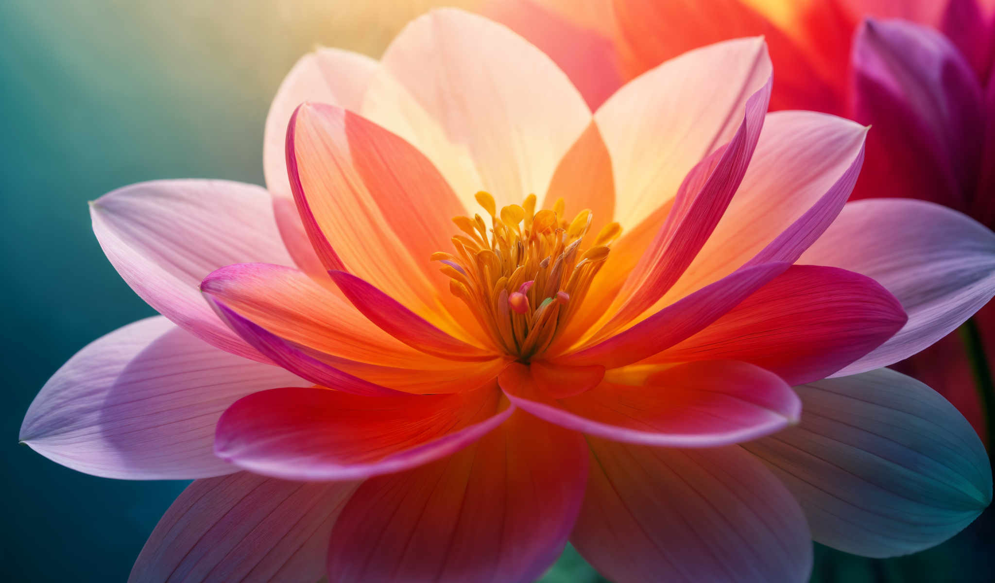 A beautiful flower with pink and orange petals. The center of the flower is yellow and has a small pink center. The flower is surrounded by green leaves.