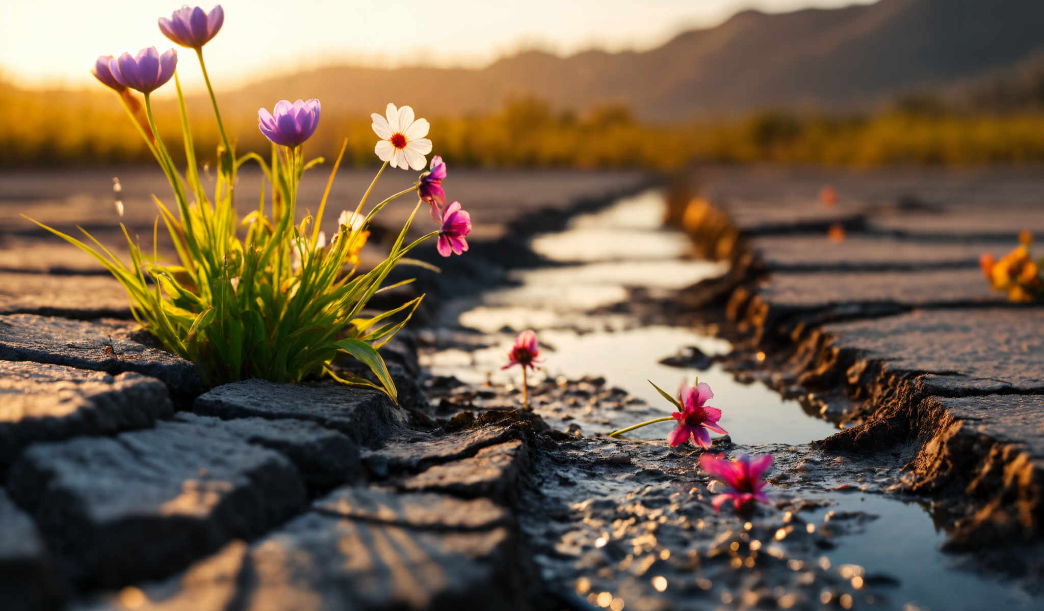 The image captures a serene scene of a rocky riverbed. The riverbed is filled with small rocks and boulders creating a natural pathway for the water to flow. The water appearing in the center of the riverbed is surrounded by these rocks and is flowing towards the right side of the photo.

On the left side of this rocky river there are three purple flowers. These flowers are in full bloom adding a splash of color to the otherwise monochrome landscape. Their vibrant purple petals contrast beautifully with the surrounding rocks and water.

The background of the scene is dominated by a mountain range. The mountains are covered in lush green trees providing a sense of depth and scale to the image.

The photo is taken from a low angle looking up at the flowers and mountains. This perspective gives the viewer a sense that they are standing in the river bed looking down the river towards the mountains.

Overall the image presents a tranquil and picturesque scene of nature with the rocky river bed and the blooming flowers in the foreground and the majestic mountain range in the background. The image does not contain any text or human-made objects making it a pure representation of the natural world. The relative positions of the objects - the flowers