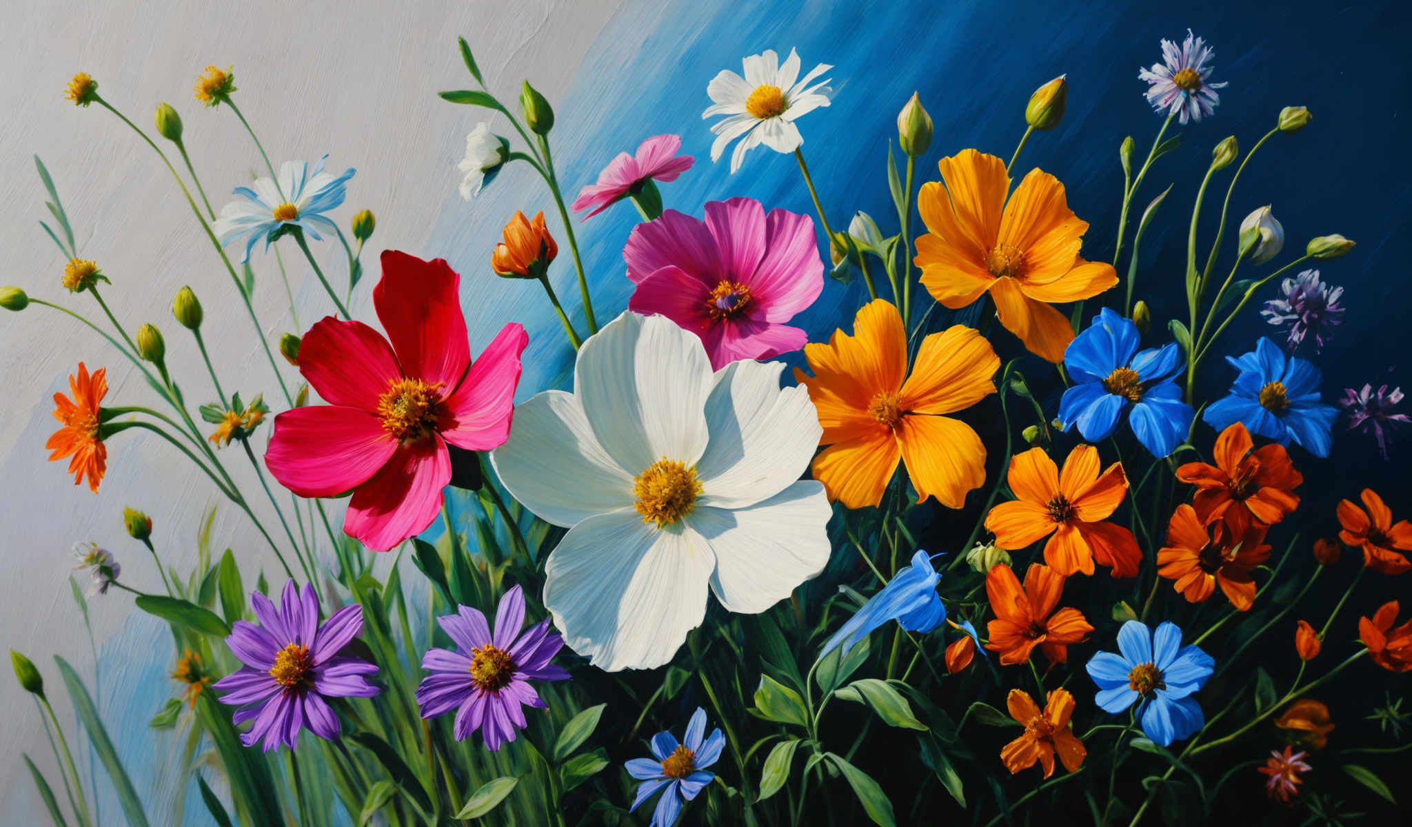 A vibrant painting of flowers in various colors including red orange yellow pink blue and purple.