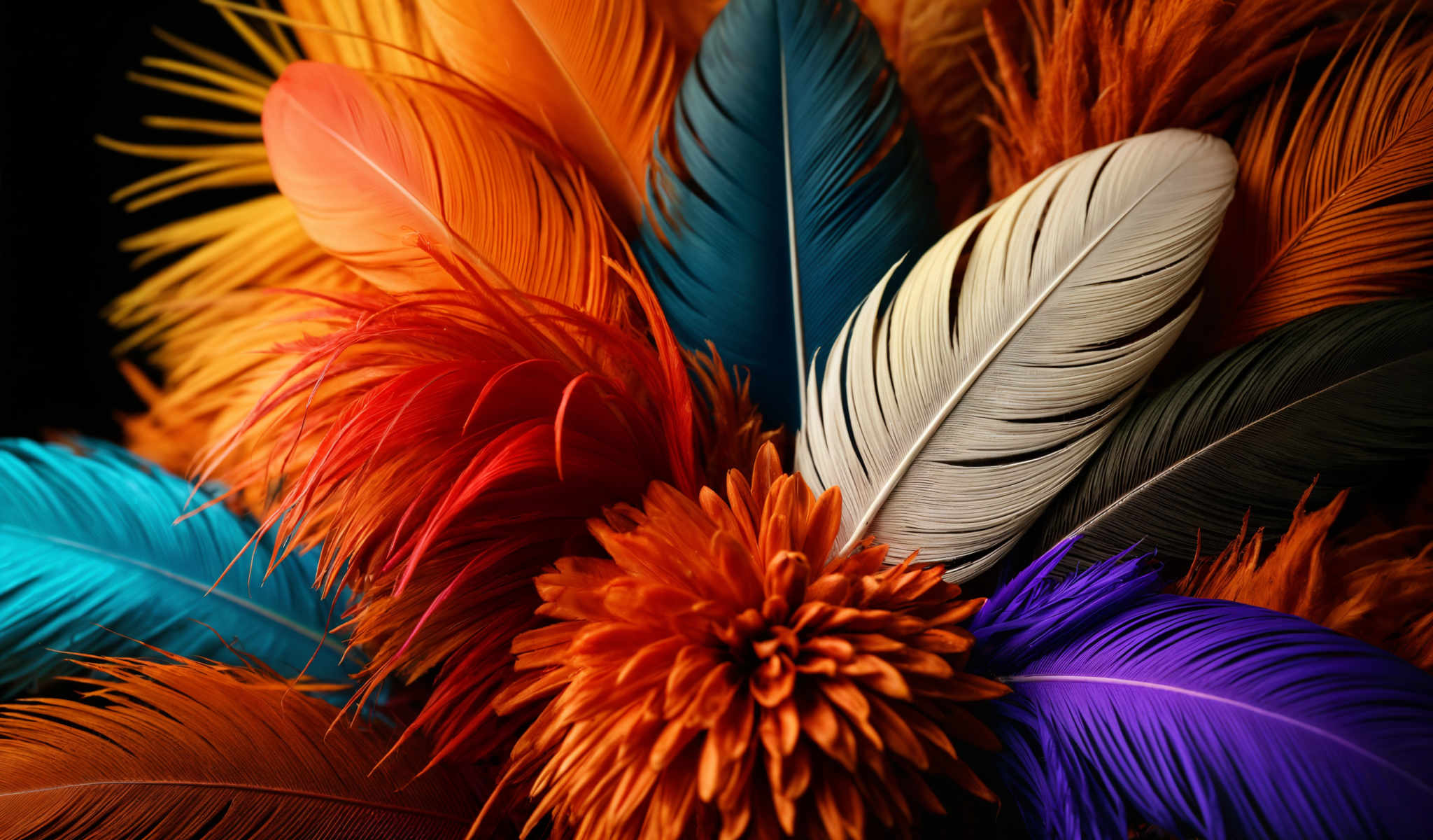 A collection of feathers in various colors including orange blue purple and white.