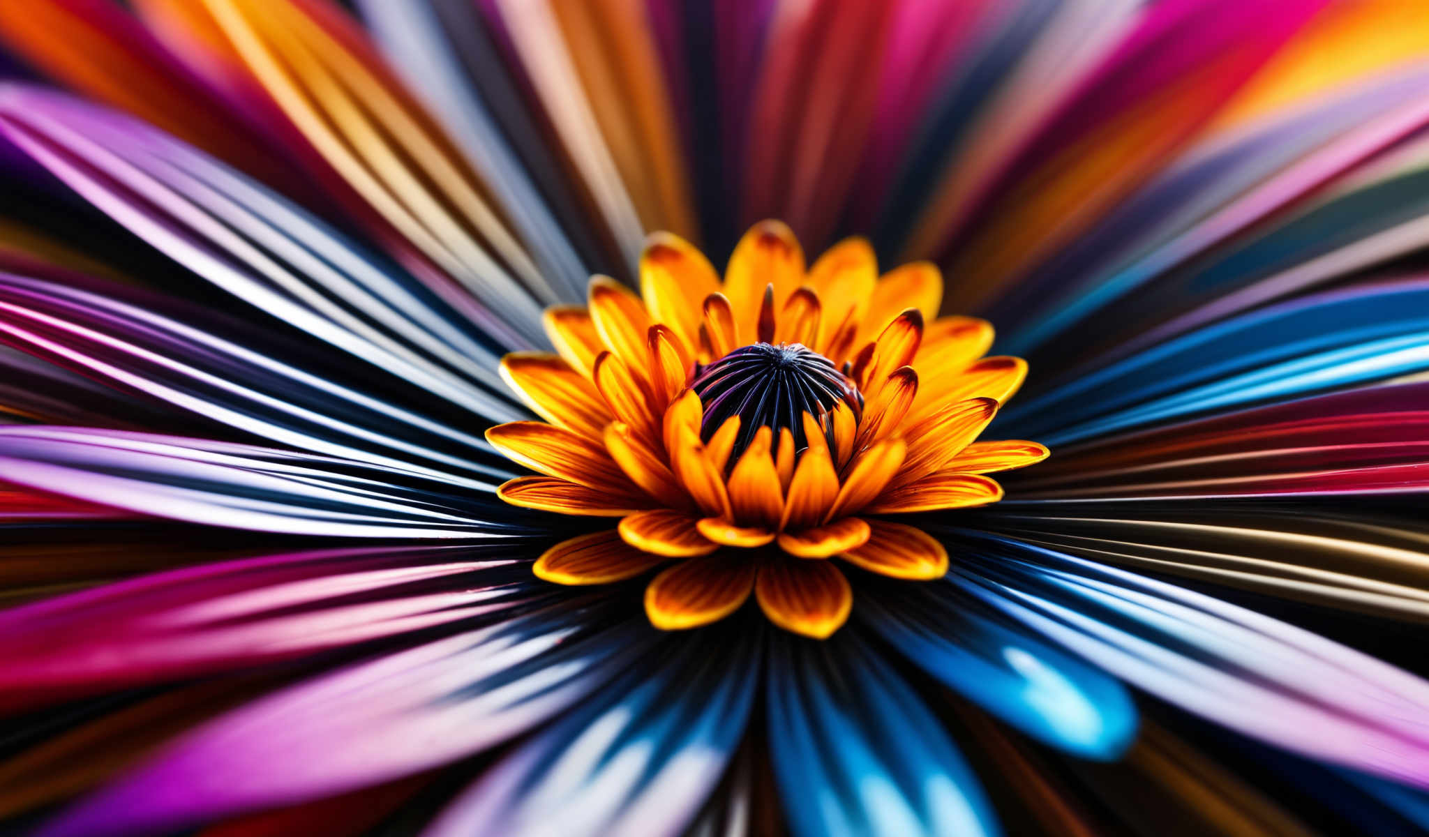 A vibrant abstract image of a flower with a black center. The flower is composed of numerous petals in a variety of colors including yellow orange blue purple and pink. The petals are arranged in a radial pattern creating a sense of symmetry and balance. The black center of the flower is located in the middle surrounded by the colorful petals. The background of the photo is a blurred mix of these colors adding depth and dimension to the image.

The image does not contain any discernible text or countable objects. The relative positions of the petals to each other and the center create a harmonious composition. The image does an excellent job of capturing the essence of a colorful flower with its vibrant colors and intricate petal arrangement.