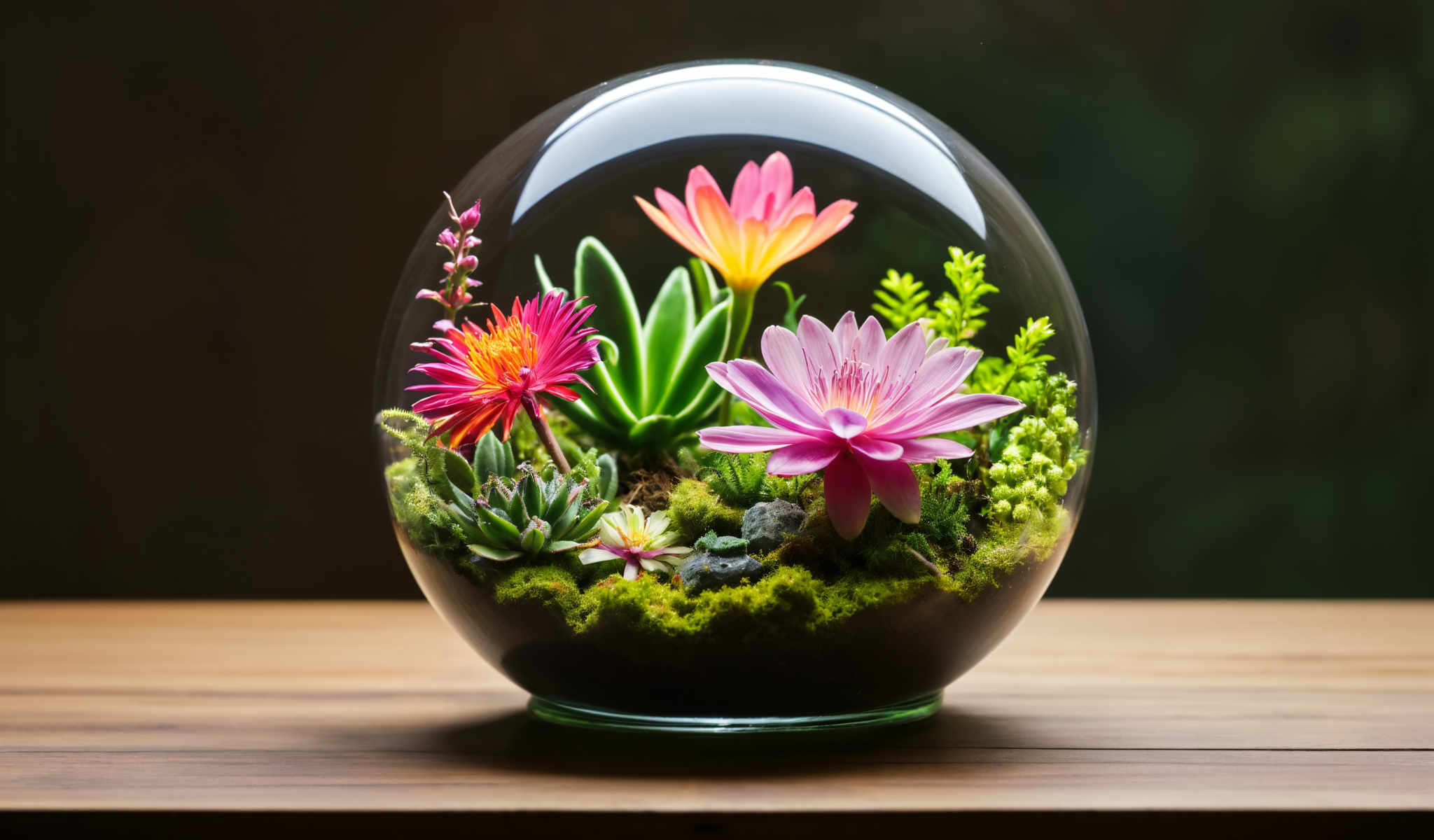 A glass dome with a variety of colorful flowers and plants inside.