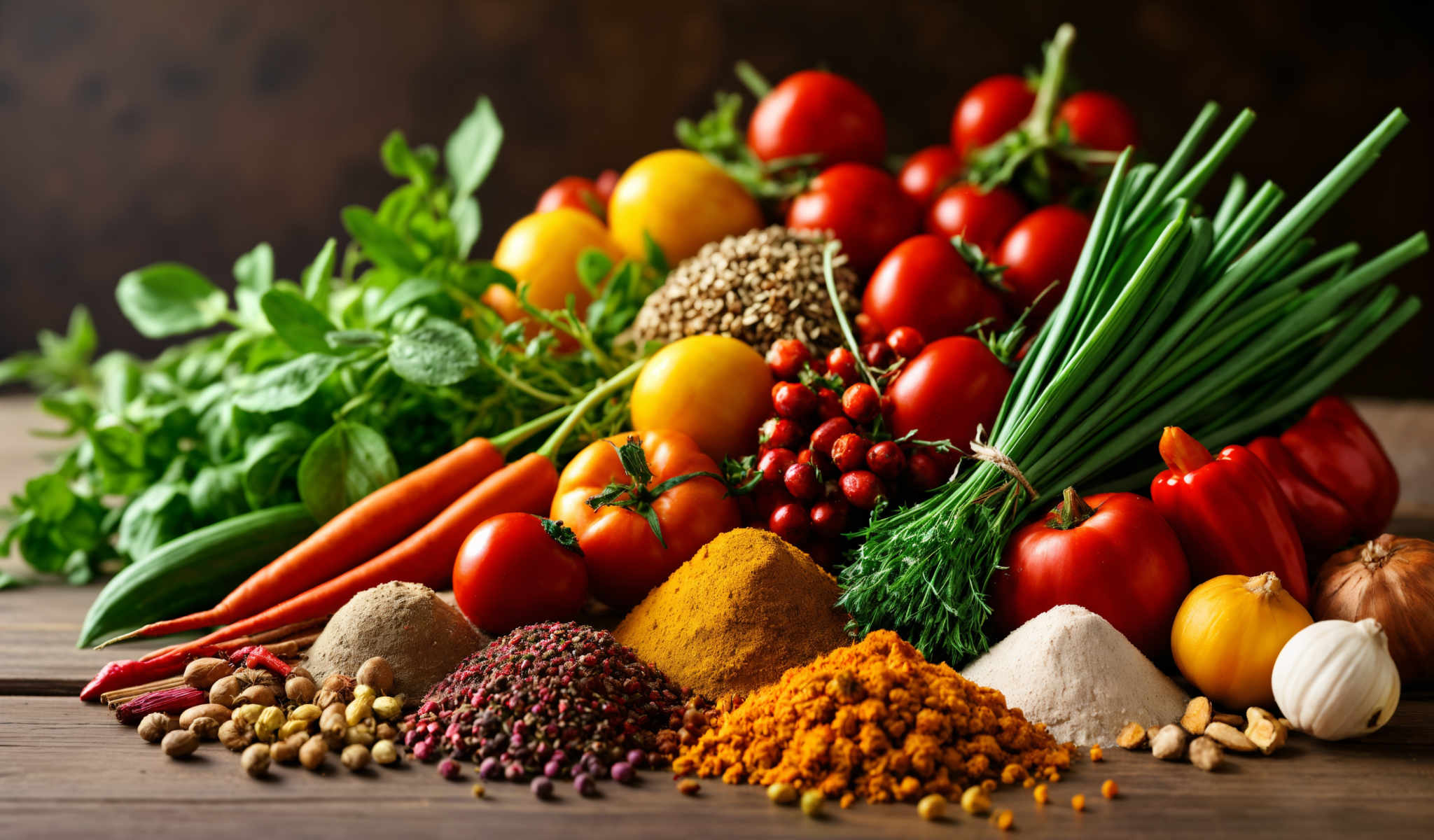 A vibrant display of fresh produce and spices. The image showcases a variety of fruits and vegetables including ripe tomatoes carrots and oranges. The colors are vivid and the arrangement is visually appealing. The spices such as turmeric and paprika are also present adding to the overall richness of the scene. The background is dark which makes the colors of the produce and the spices stand out even more. This image is a feast for the eyes and a testament to the beauty of nature's bounty.