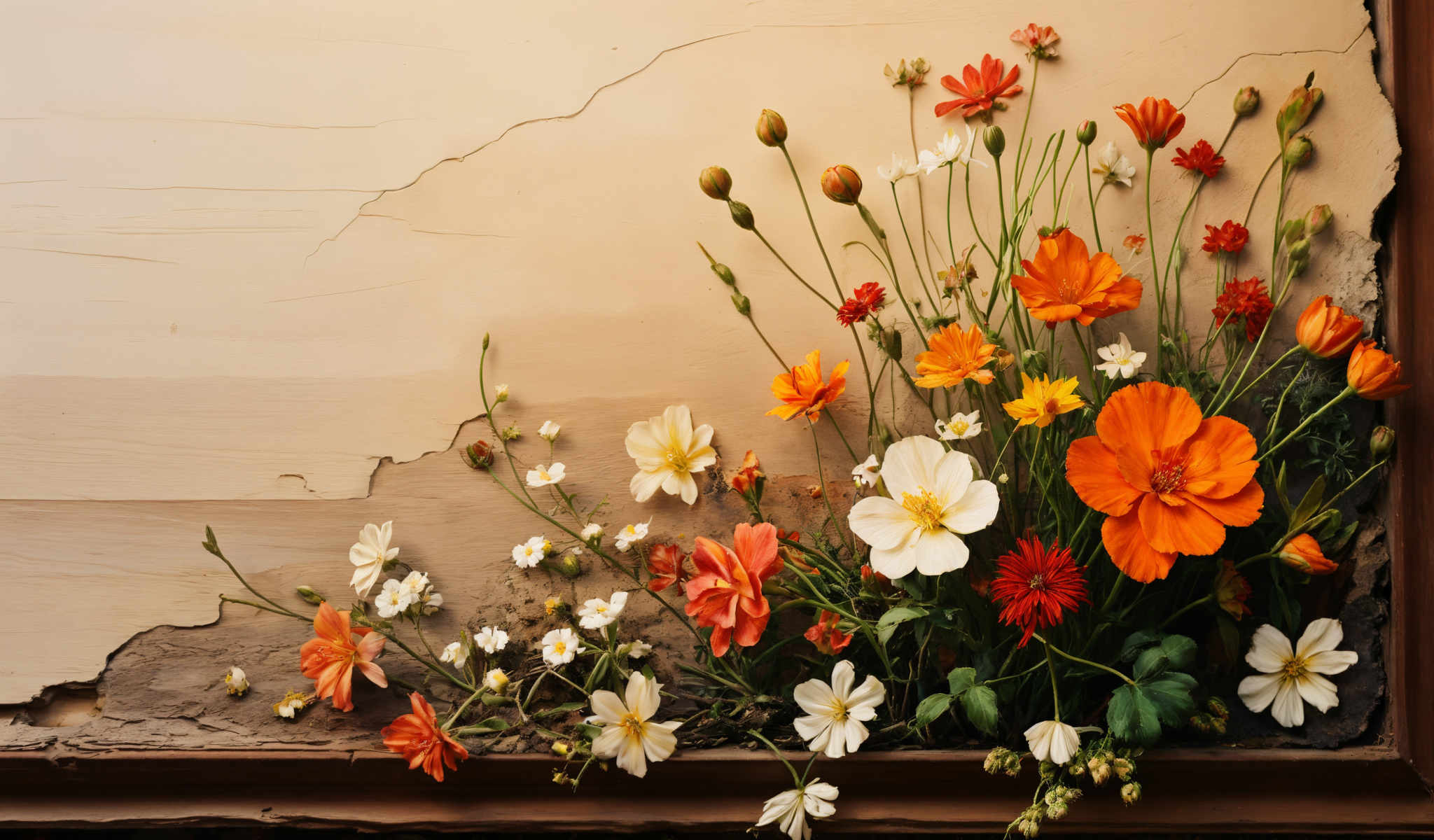 A beautiful arrangement of flowers in various colors including orange white and yellow. The flowers are in a wooden box and are arranged in a way that they are all facing different directions. The background is a light brown color with a crack in it. The image is a close up of the flowers and the wooden box. The colors of the flower are vibrant and the arrangement is intricate. The wooden box adds a rustic touch to the image and the crack in the background adds a unique element to the overall composition. The light brown background provides a neutral backdrop that allows the colors of flowers to stand out. The close up view of the arrangement gives a detailed look at the flowers their colors and their arrangement. The overall image is visually appealing and the use of different colors and the unique arrangement of theflowers makes it a captivating image.