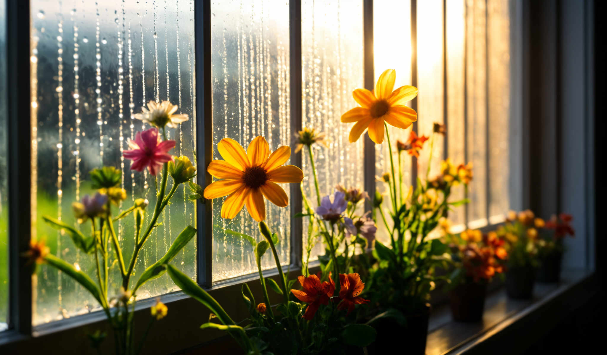 A window with a yellow flower in the center and other flowers on the right side.