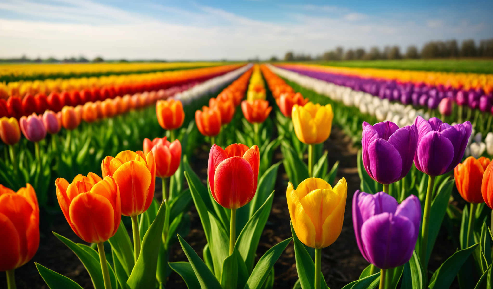 A field of tulips in full bloom with red yellow purple and white tulips.