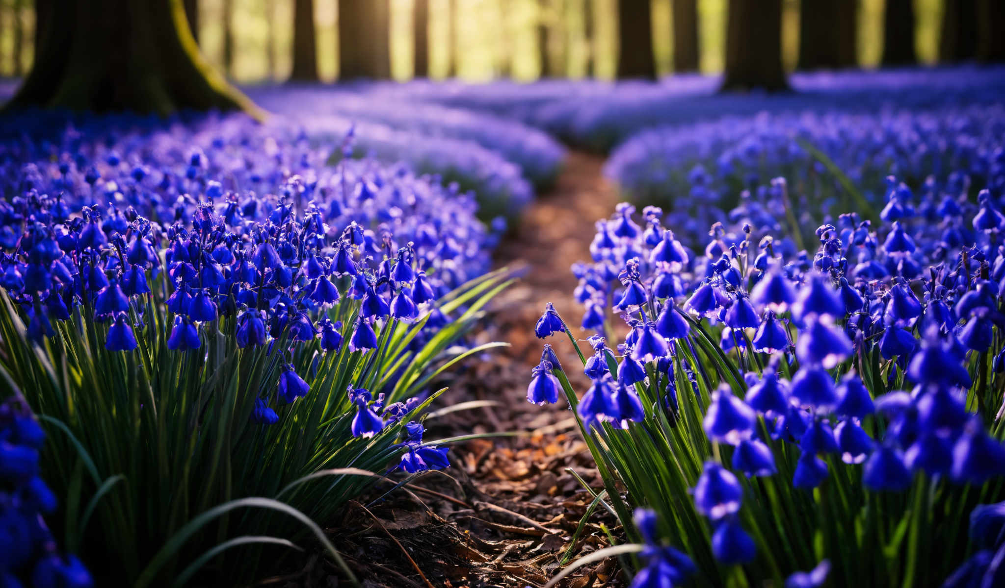 A field of blue flowers with a path in the middle.