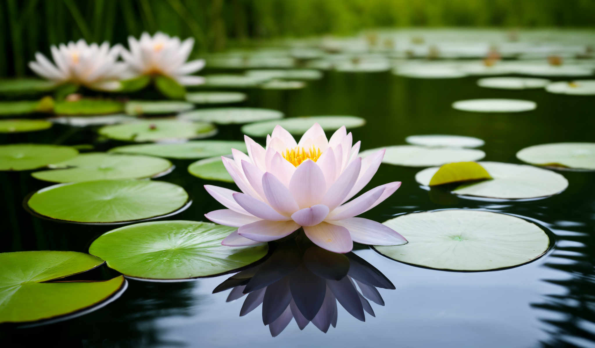 A beautiful white lotus flower with a yellow center is surrounded by green lily pads.