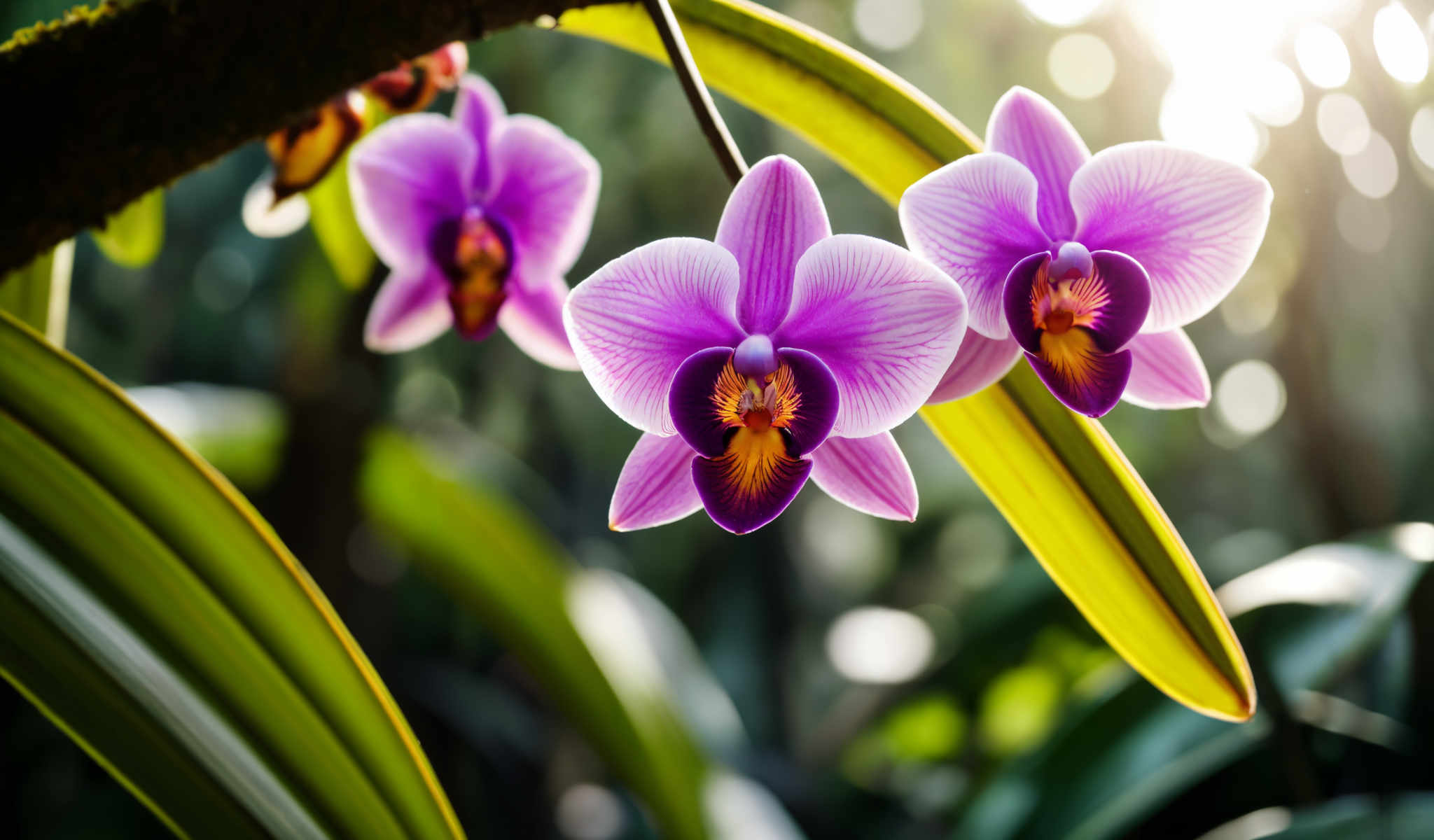 A group of purple orchids with yellow centers.