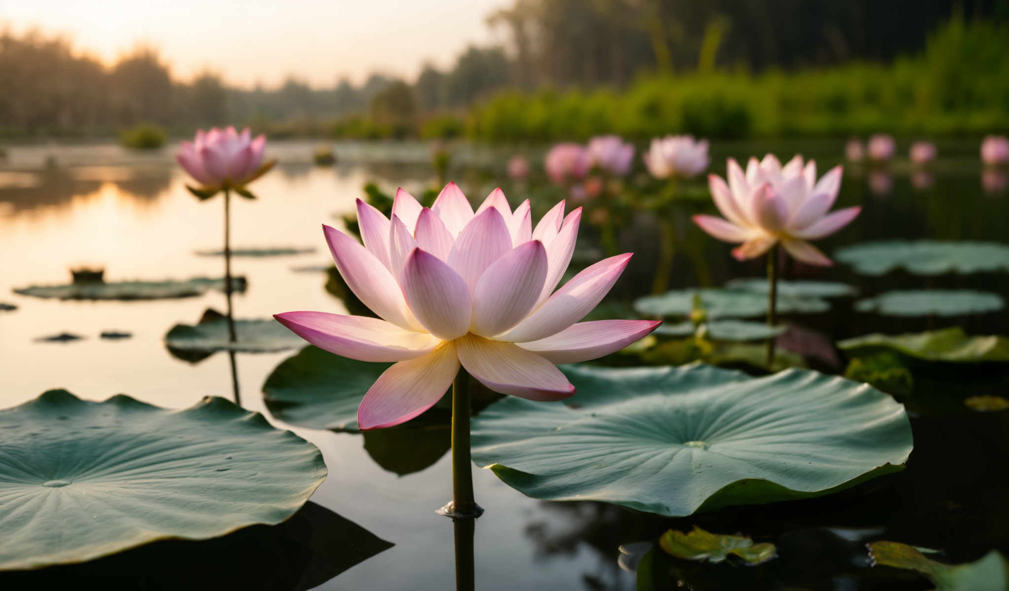 A serene scene of a pond with pink and white lotus flowers floating on the water.