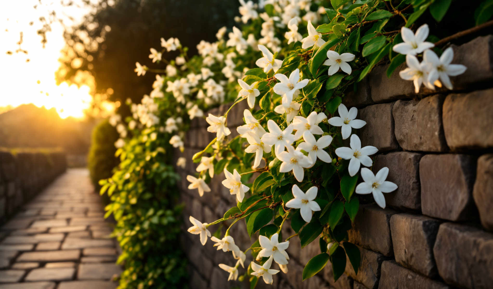 A wall of white flowers with green leaves.