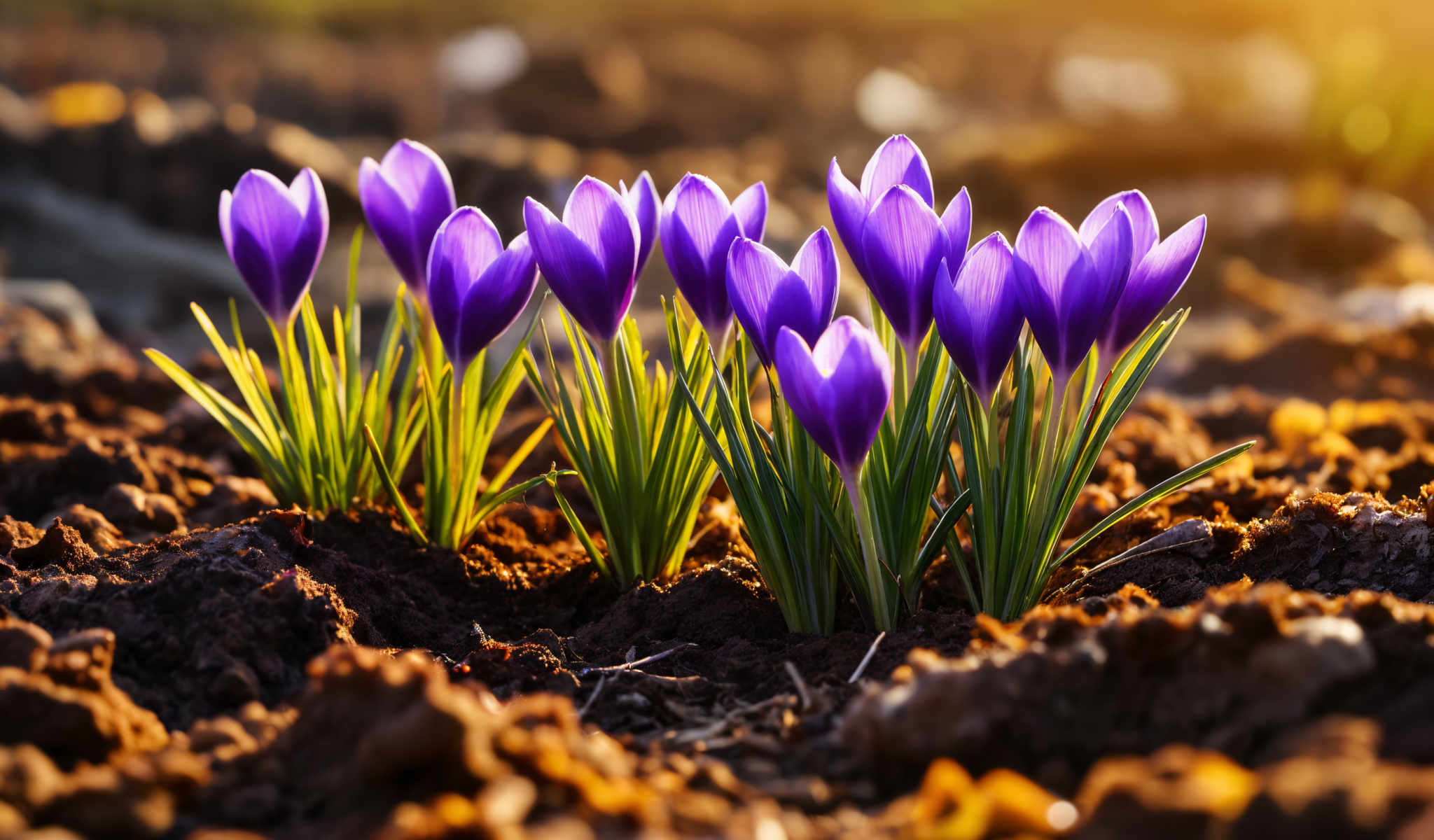 A group of purple tulips with green leaves.