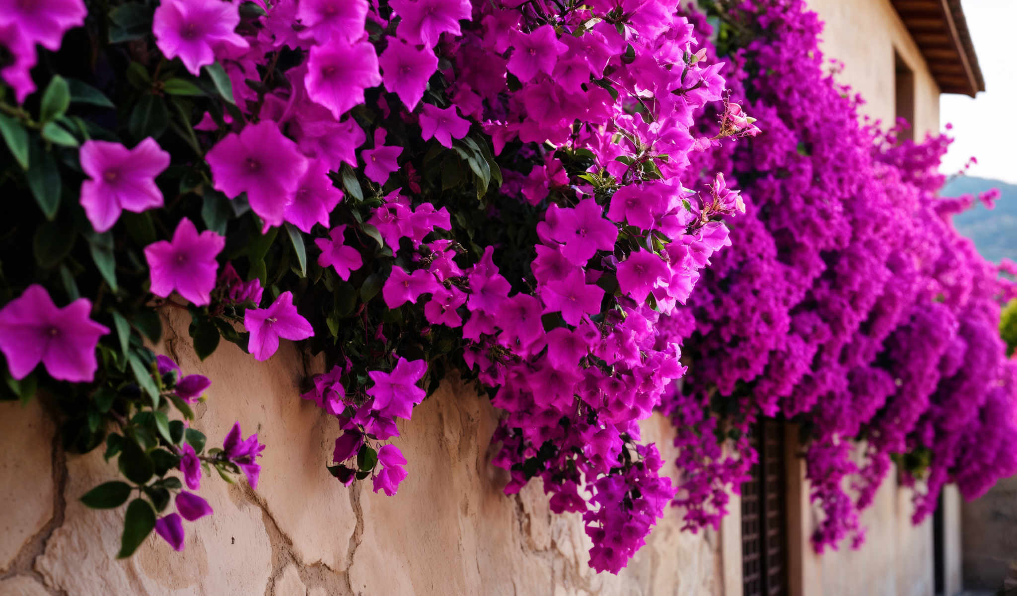 A cluster of purple flowers hanging from a stone wall.