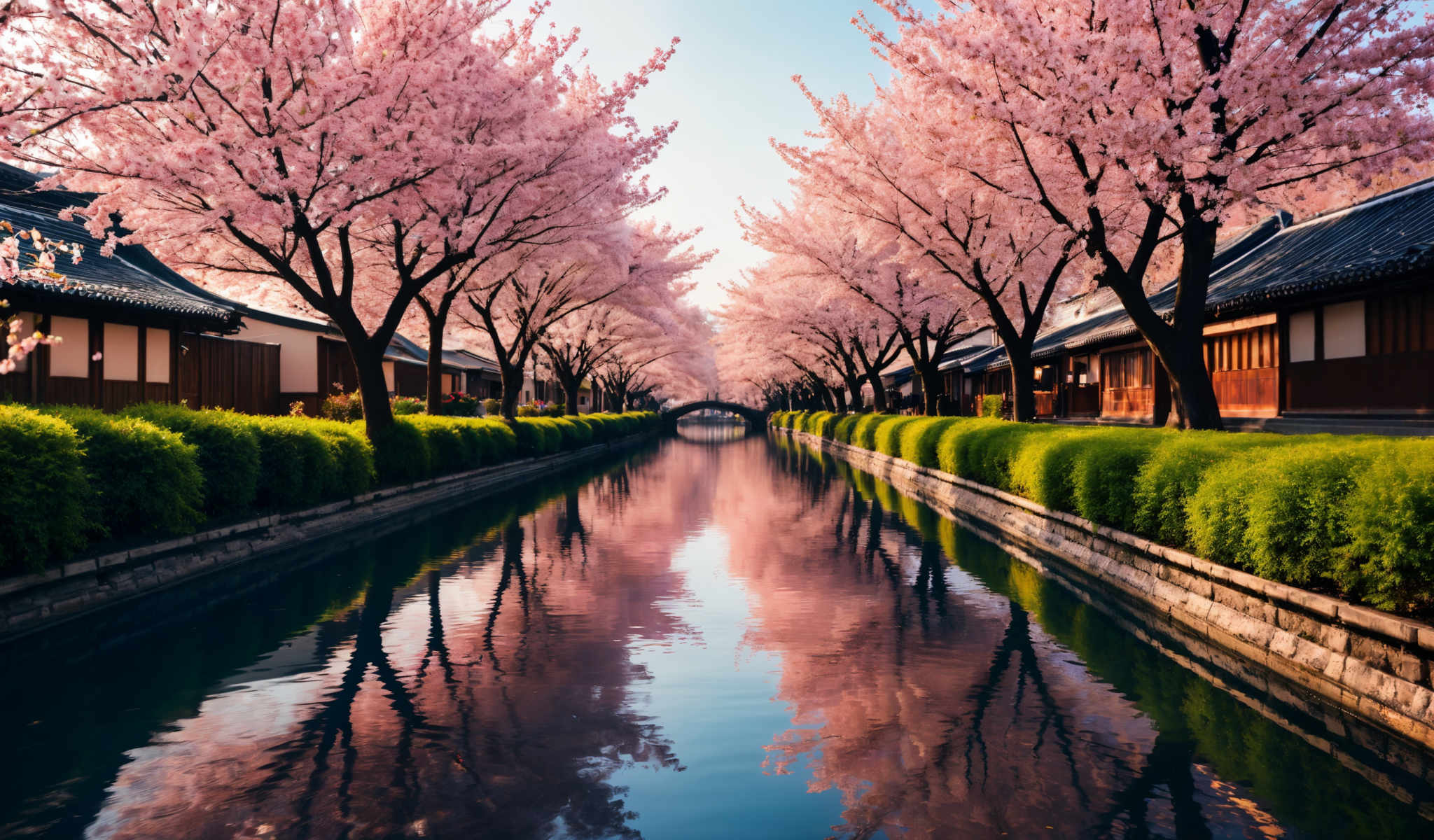 A serene scene of a canal lined with cherry blossom trees in full bloom. The trees adorned with pink flowers create a beautiful canopy over the canal. The water in the canal is a deep blue reflecting the vibrant colors of the trees. On the right side of the canal there are buildings with brown roofs adding a touch of urban charm to the otherwise natural landscape. The sky above is a clear blue and the sun is shining brightly casting a warm glow on the scene. The perspective of the photo is from the ground level looking down the canal towards a bridge in the distance. The image captures the essence of spring with the cherry blossoms in full swing creating a picturesque and peaceful atmosphere.