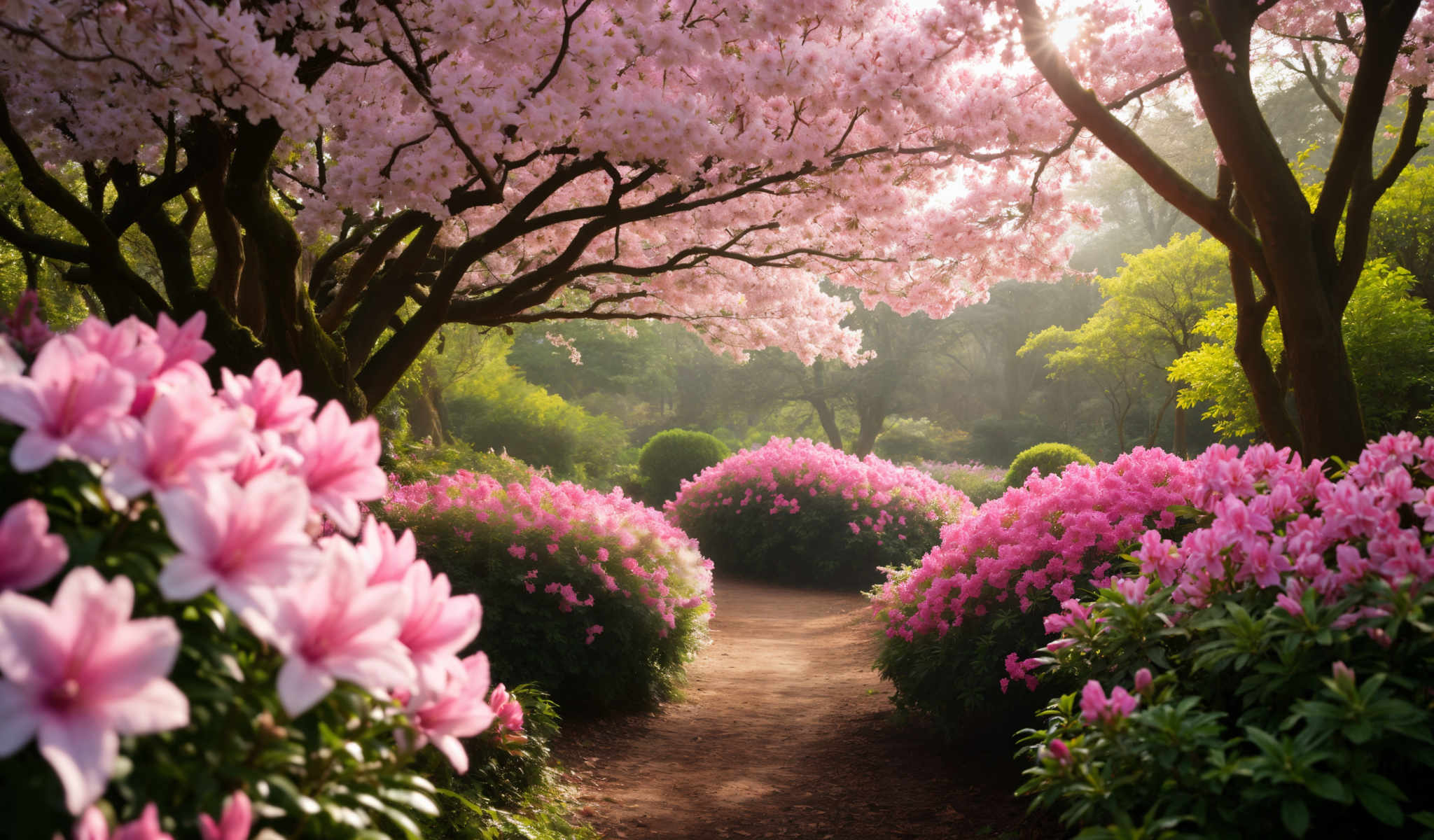 A path through a garden with cherry blossom trees.