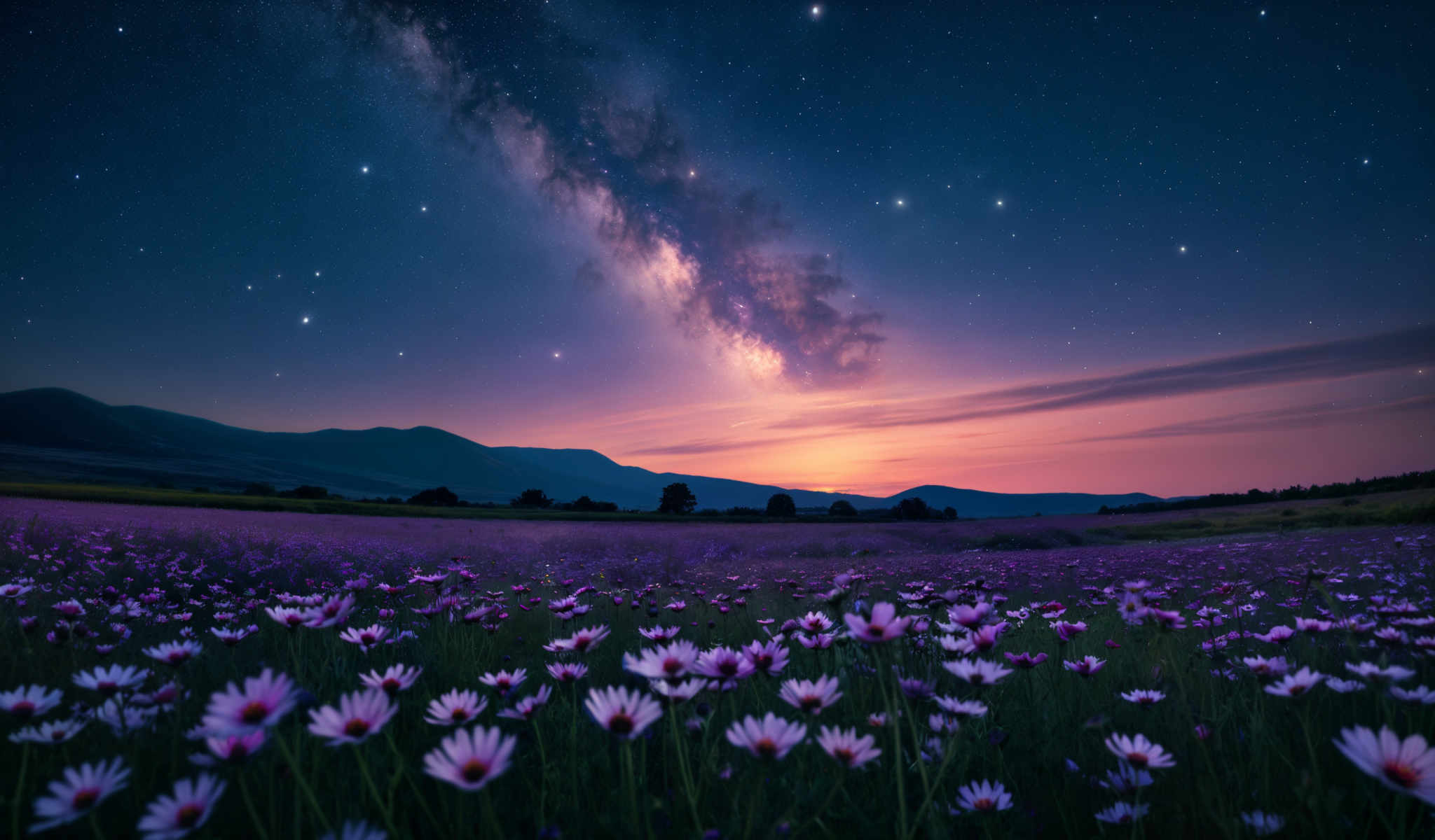 A field of purple flowers under a starry sky.