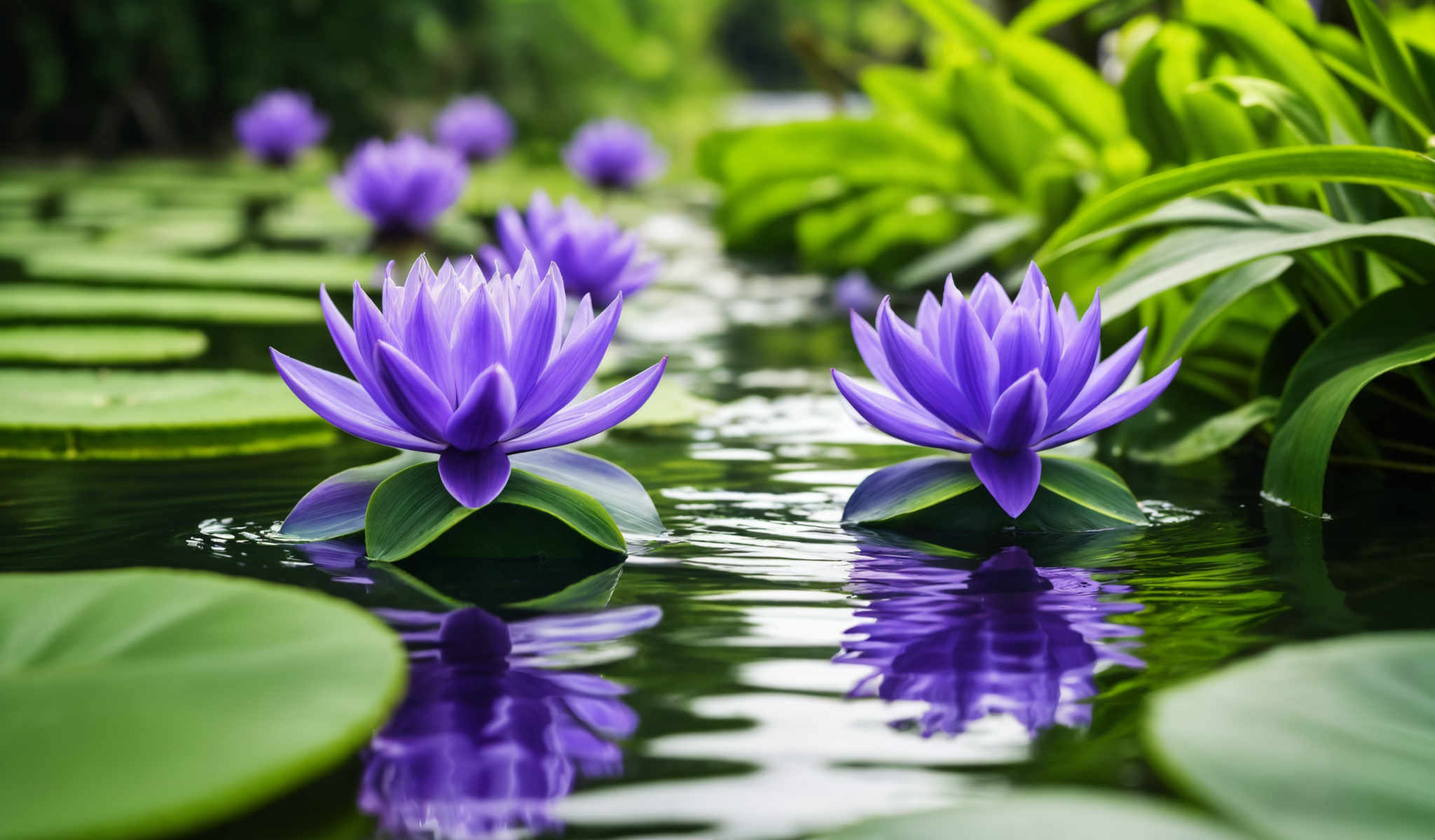 The image captures a serene scene of a pond where three purple lotus flowers are floating. The flowers with their five petals each are the main focus of the photo. They are surrounded by green leaves adding a touch of nature's vibrancy to the scene. The pond filled with water mirrors the flowers and leaves creating a beautiful reflection that enhances the overall tranquility of the scene.

The flowers are arranged in a line with the two on the left appearing slightly closer to the viewer than the one on the right. This arrangement gives a sense of depth to the image making it more visually appealing. The background is blurred which helps to draw attention to the flowers in the foreground. The colors in the image are vivid with a dominant purple hue from the flowers contrasting beautifully with the green of the leaves and the blue of the pond. The image does not contain any text or other discernible objects. The relative positions of the flowers leaves and pond create a harmonious composition that is pleasing to the eye.