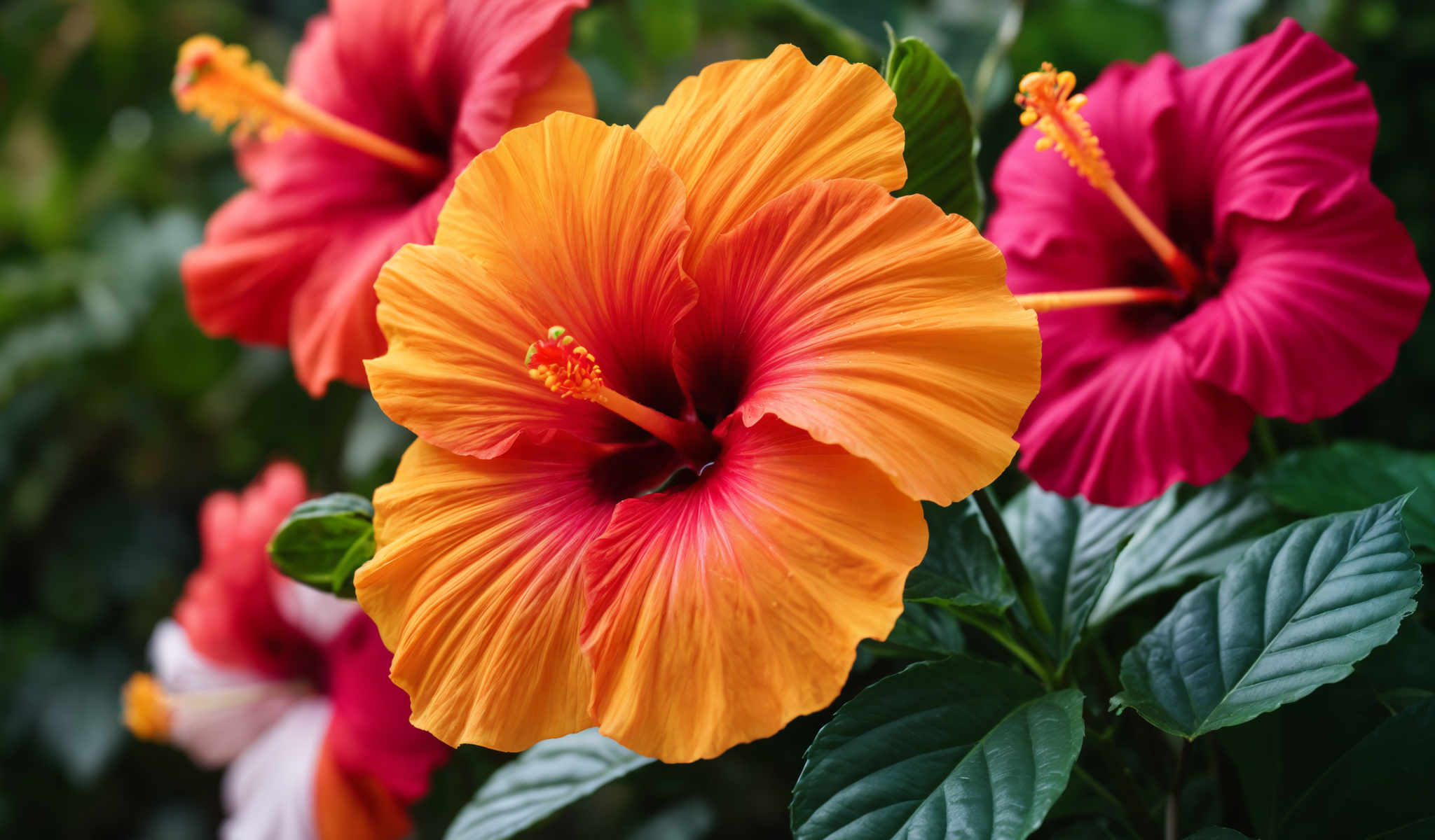 A vibrant image of a hibiscus flower in full bloom. The flower with its six petals is a striking shade of orange. The center of the flower is a deep red adding a contrasting pop of color. The hibISCus is surrounded by green leaves providing a natural backdrop that enhances the colors of the bloom. This image captures the beauty and complexity of nature in a single stunning flower.