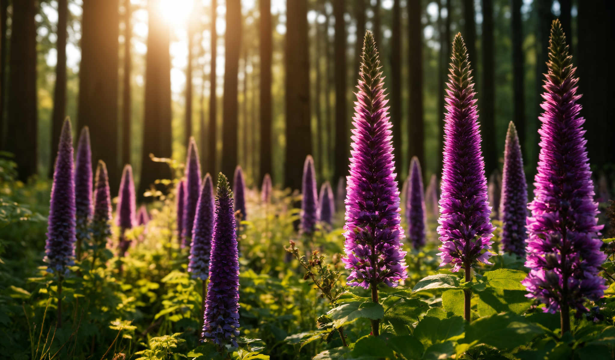 The image captures a serene scene in a forest. The forest is filled with tall trees that have thin trunks and are covered in green leaves. The trees are densely packed creating a canopy that filters the sunlight. The sunlight that manages to penetrate the canopy is a bright orange color indicating that the photo was taken during sunrise or sunset.

In the foreground there are purple flowers with long thin petals. These flowers are tall and slender standing out against the greenery of the forest. They are located in the bottom right corner of the photo adding a splash of color to the otherwise monochromatic forest scene.

The photo is taken from a low angle looking up at the trees and flowers. This perspective gives the viewer a sense of being in the forest surrounded by the towering trees and vibrant flowers. The photo does not contain any text or human-made objects making it a pure representation of nature's beauty. The relative positions of the trees flowers and sunlight create a harmonious composition that is pleasing to the eye.