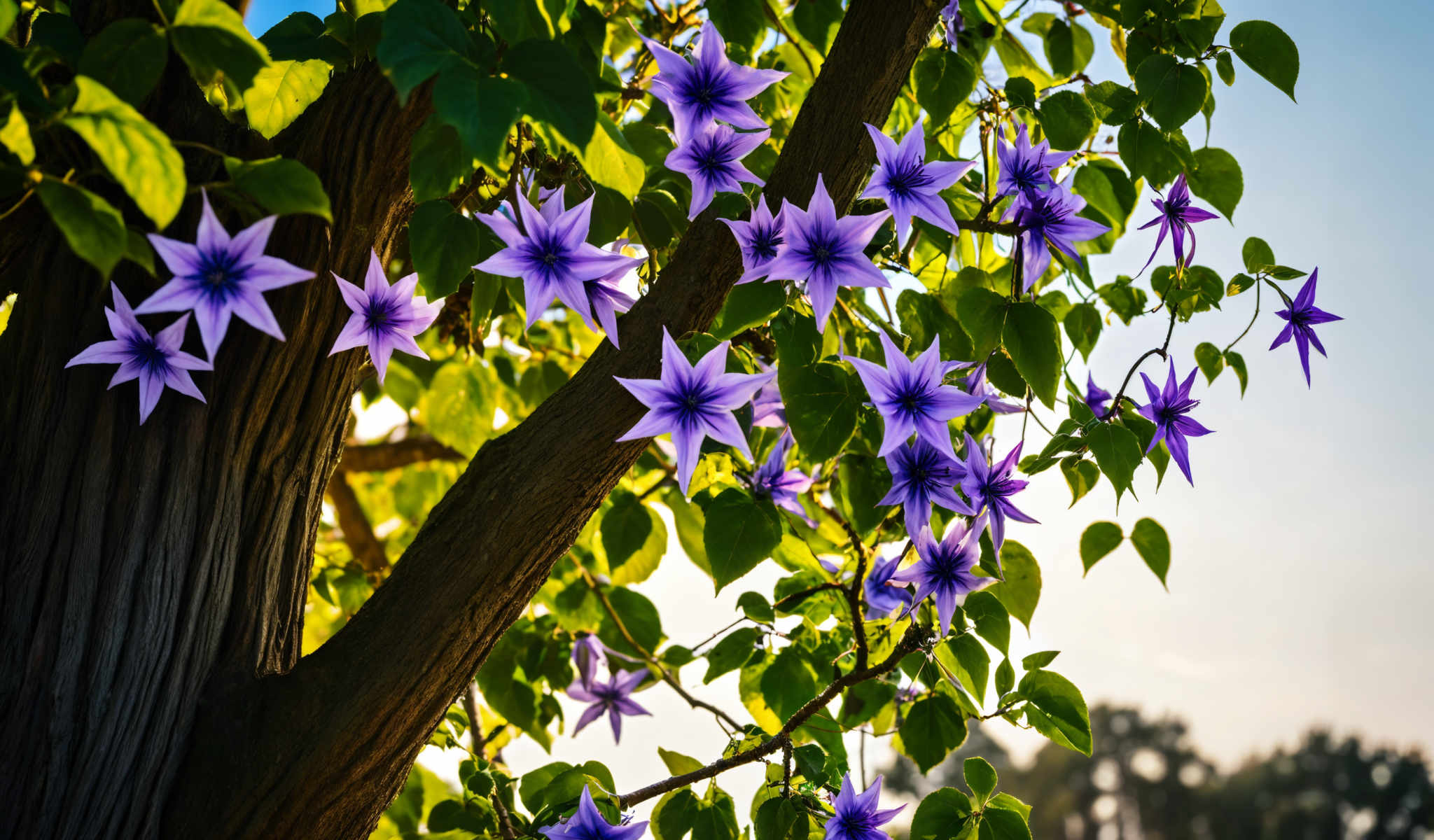 A cluster of purple flowers on a tree branch.