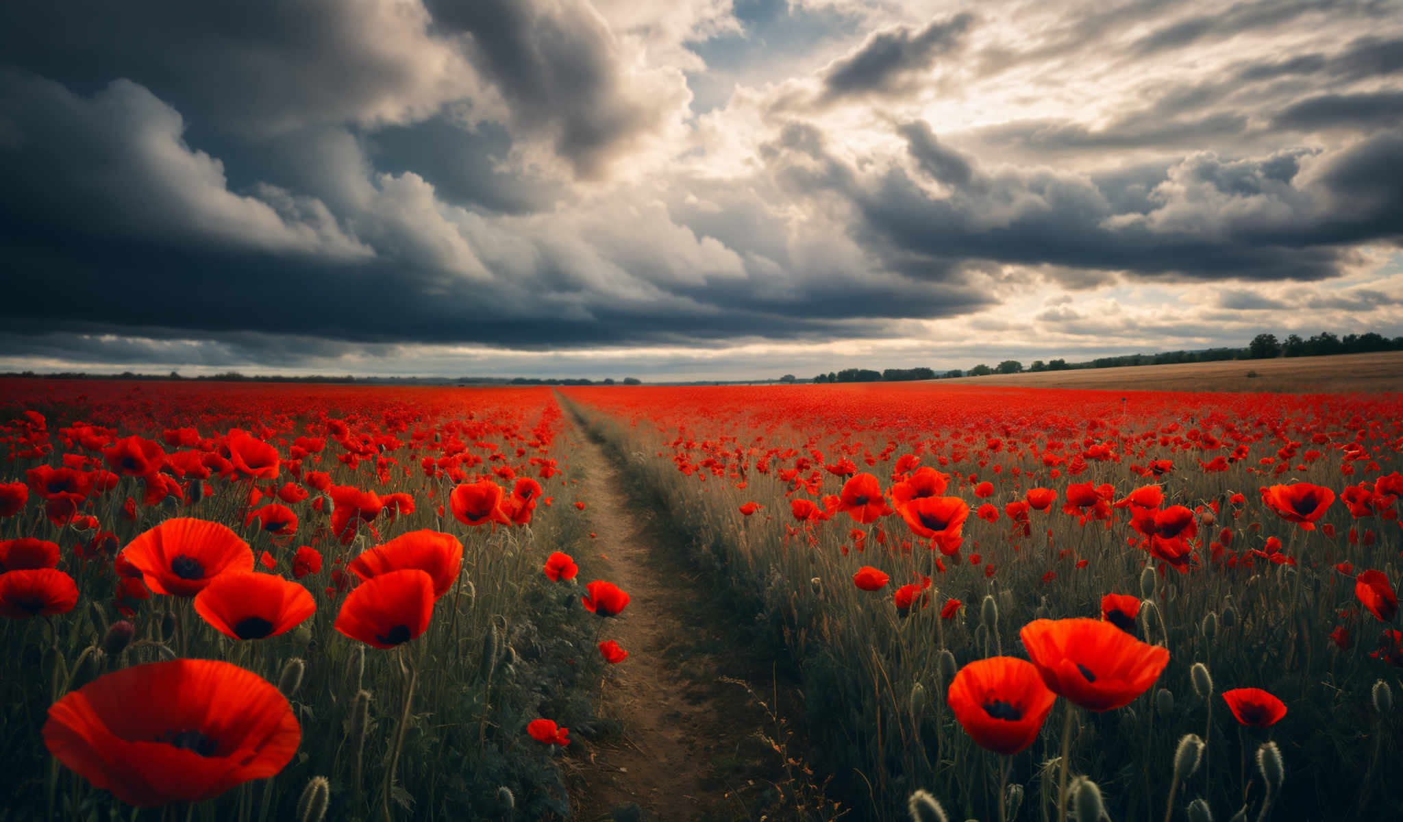 A field of red poppies with a path through it.