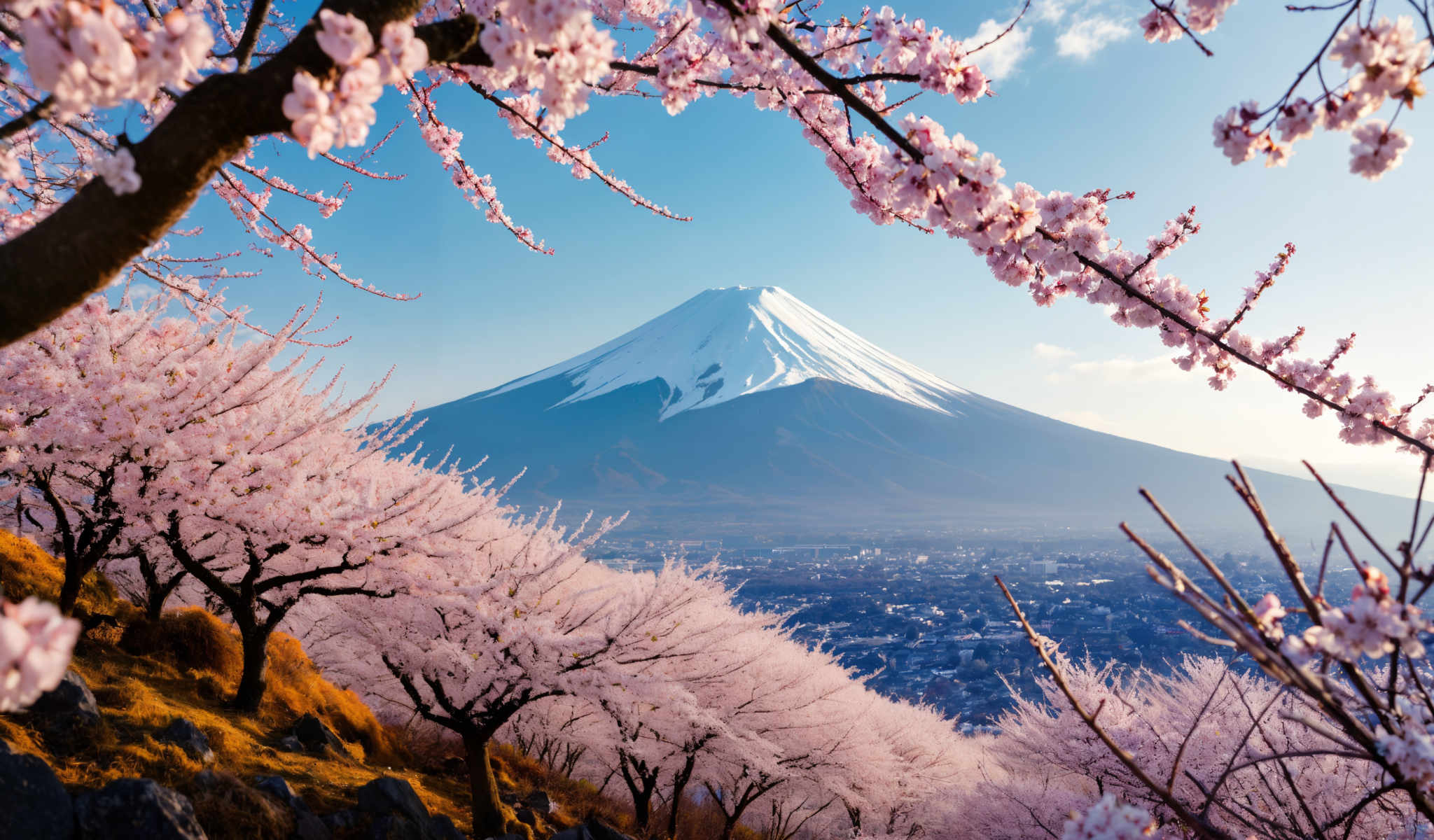 A breathtaking view of Mount Fuji a renowned landmark in Japan. The mountain blanketed in snow stands majestically in the background its peak reaching towards the clear blue sky. In the foreground cherry blossom trees in full bloom add a splash of color to the scene with their vibrant pink flowers. The perspective of the photo is from a high vantage point providing a panoramic view of the city below nestled at the foot of the mountain. The image captures the serene beauty of this iconic location making it a visual treat for the viewer.