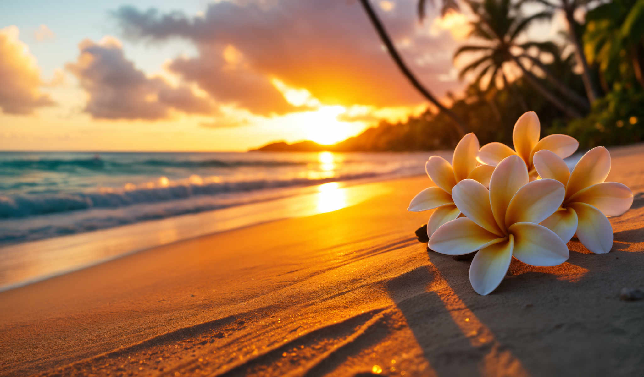 A beautiful sunset over the ocean with a single flower on the beach.