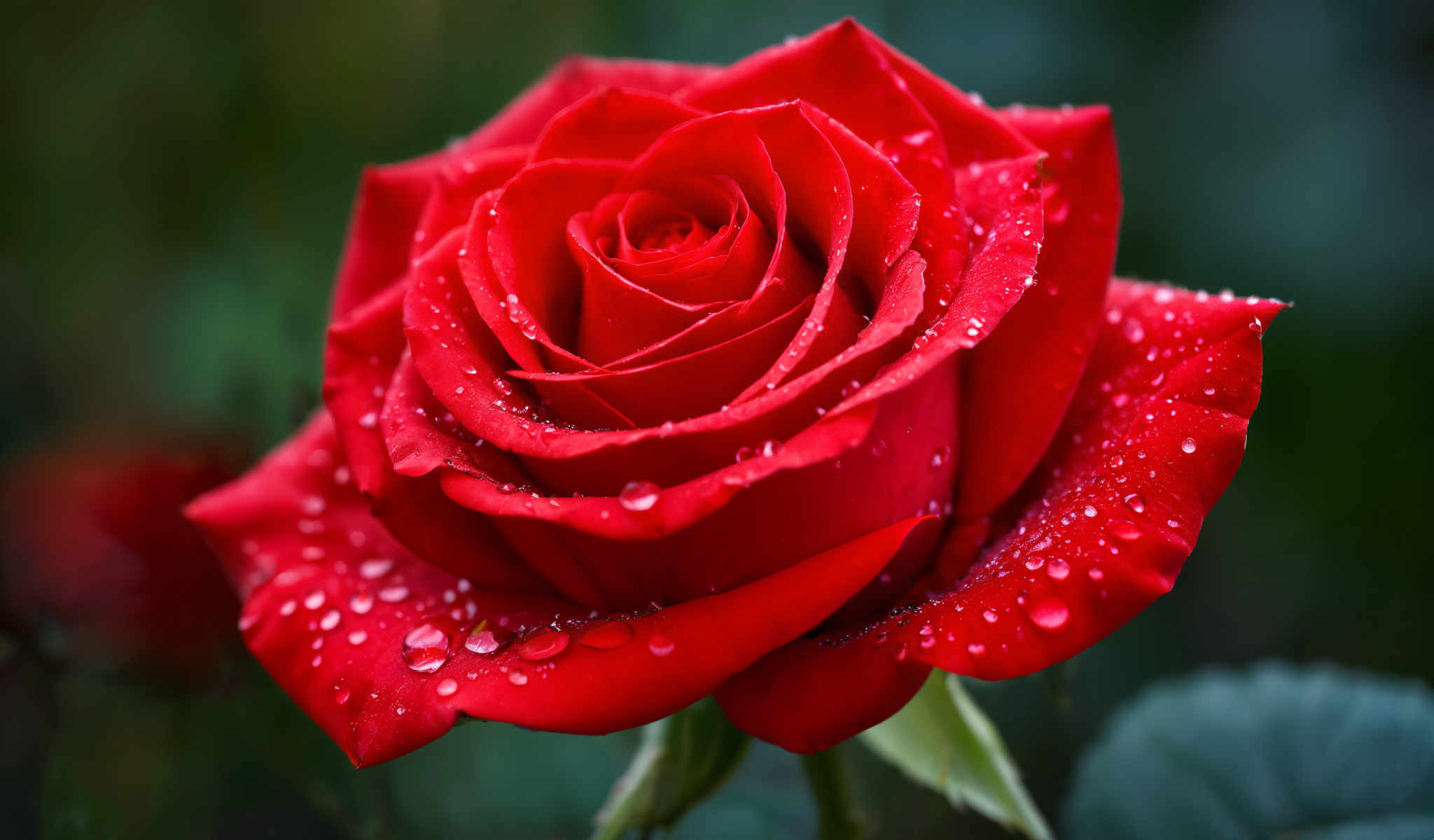 A close up of a red rose with water droplets on its petals.