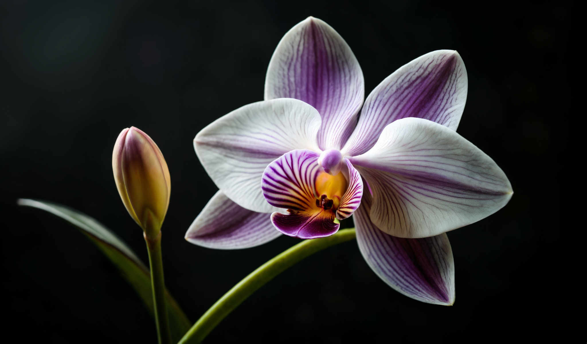 A beautiful purple and white orchid flower with a yellow center.