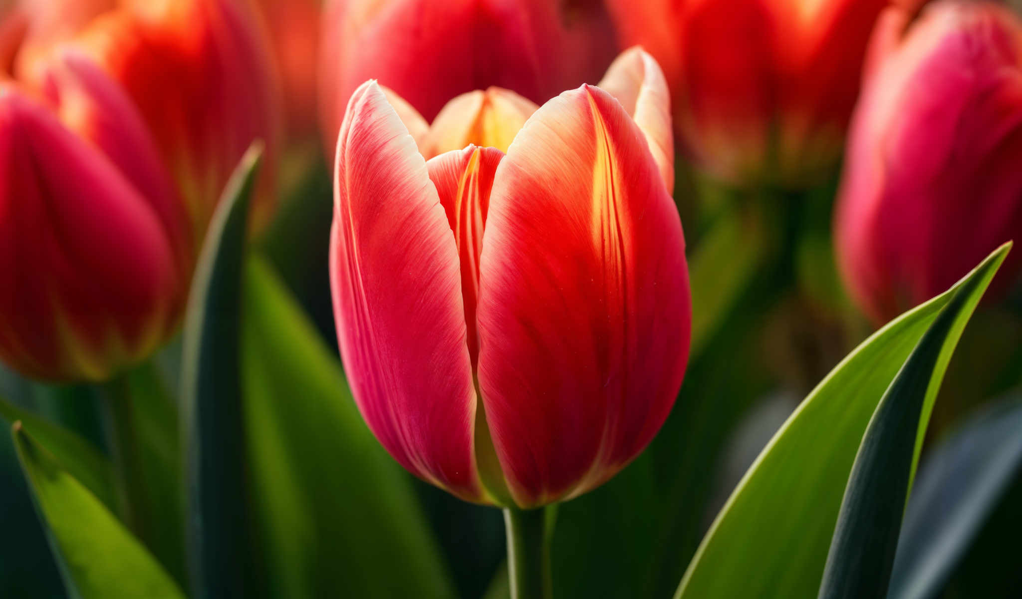 A close up of a red tulip with yellow tips.