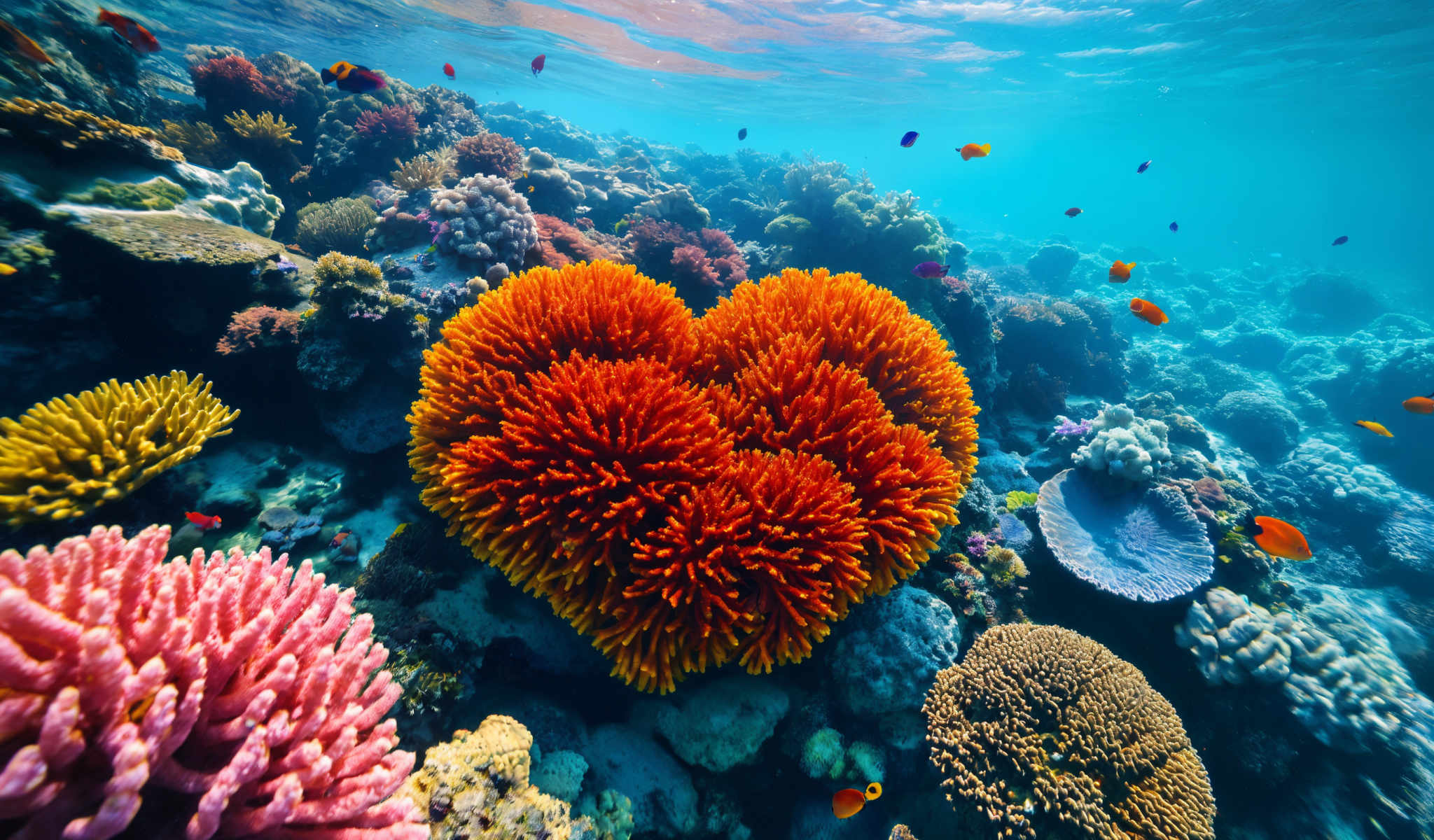 A vibrant underwater scene features a large orange coral formation surrounded by a variety of other corals and fish. The coral which is the main focus of the photo is located in the center and is composed of numerous small orange spines. 

Scattered throughout the image are smaller corals in shades of pink purple and blue. These corals add a splash of color to the scene and create a sense of depth and diversity in the underwater environment.

In addition to the corals there are several fish swimming around the coral formation. These fish which are located in various positions around the image add a dynamic element to the otherwise static underwater landscape.

The background of the scene is a deep blue color which contrasts with the colorful corals. This color contrast helps to highlight the coral and fish drawing the viewer's attention to these elements.

Overall the image presents a detailed and colorful underwater scene with a large coral formation as the central focus. The presence of other coral and the fish adds complexity and interest to the image while the deep blue background provides a stark contrast that highlights the main elements.