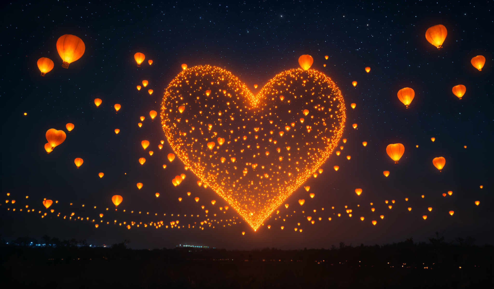 A heart-shaped formation of glowing orange lights in the night sky.