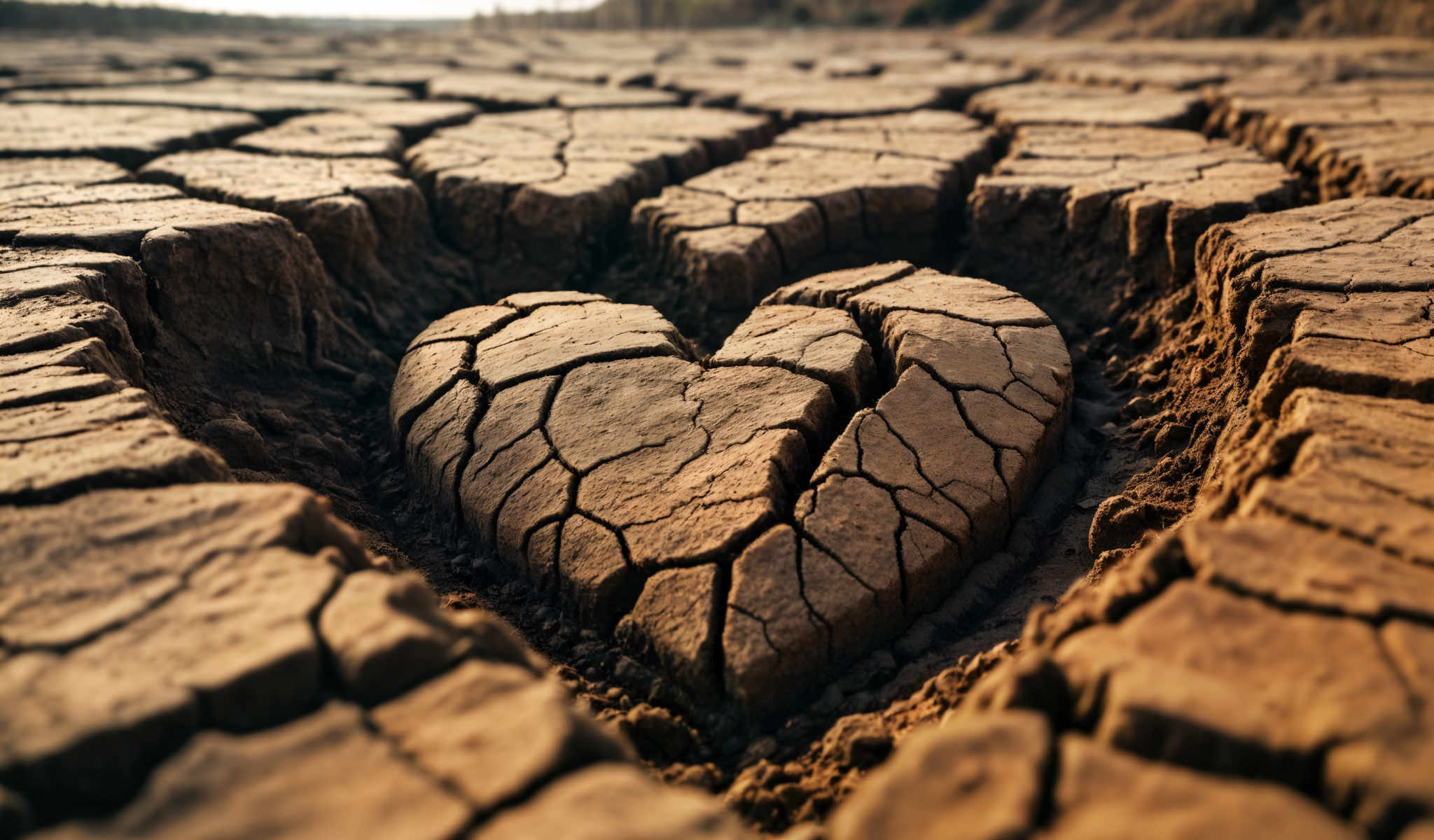 A heart-shaped piece of cracked concrete in a desert.