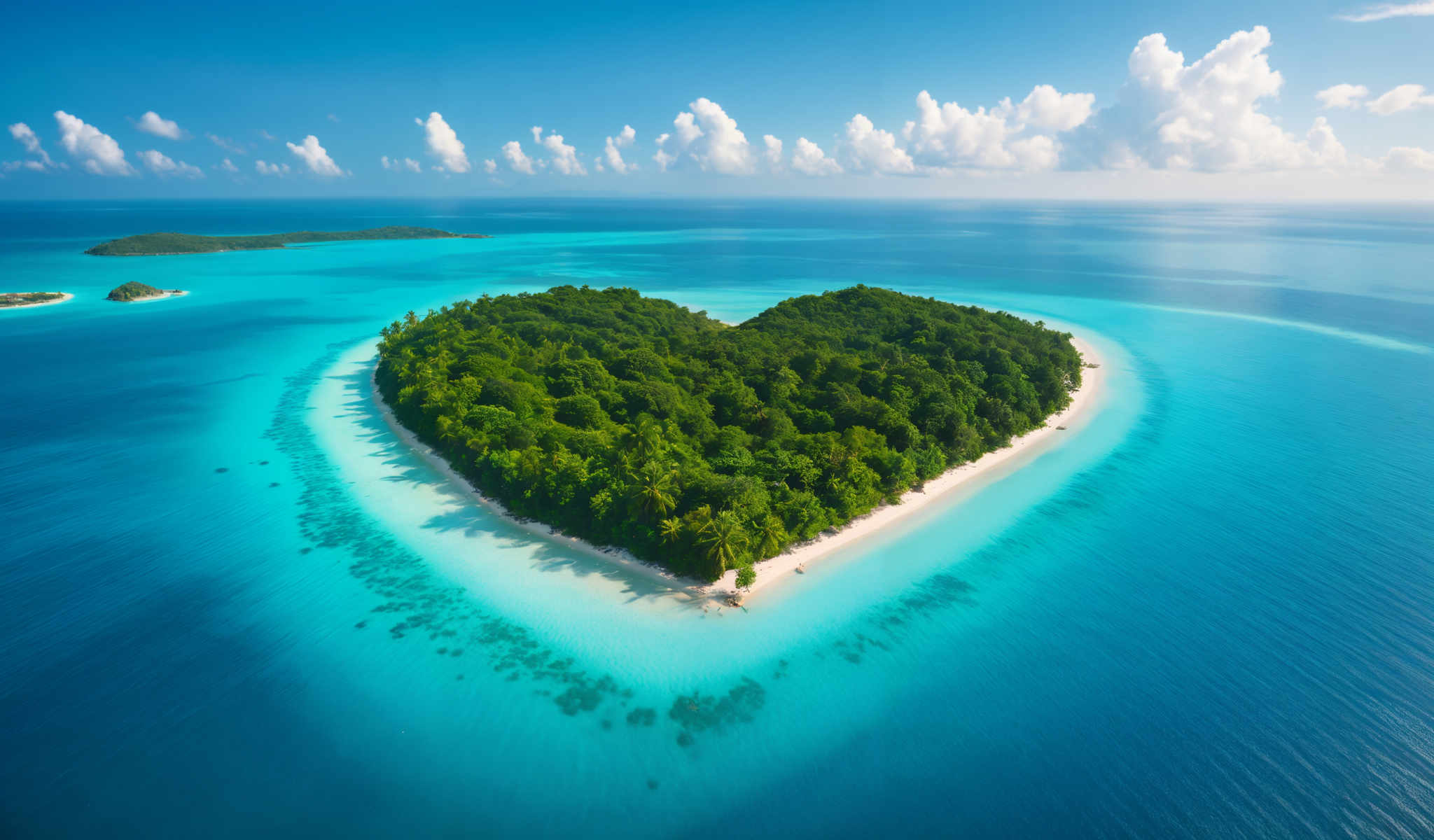 A beautiful island with a heart shaped beach and a lagoon.