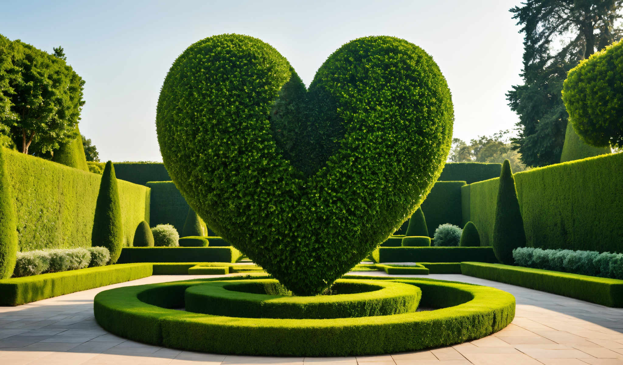 A heart-shaped garden with a large green bush in the center.