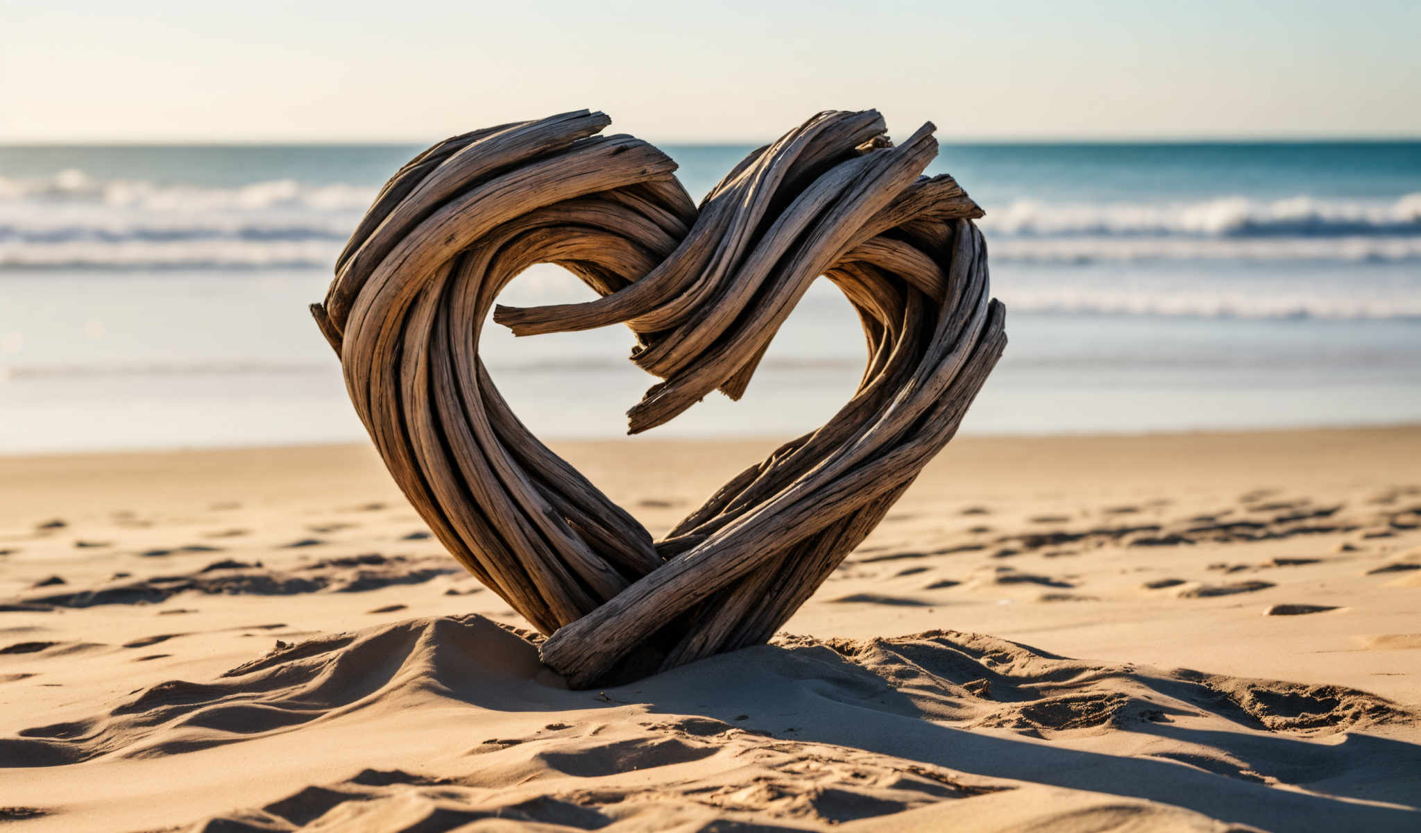 A heart made of driftwood on a sandy beach.